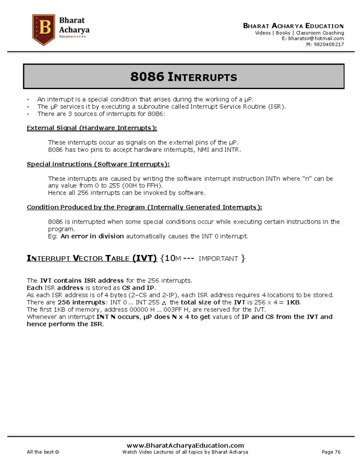 8086 Sem IV: Interrupt Structure & Interrupt Vector Table (IVT) - Studocu