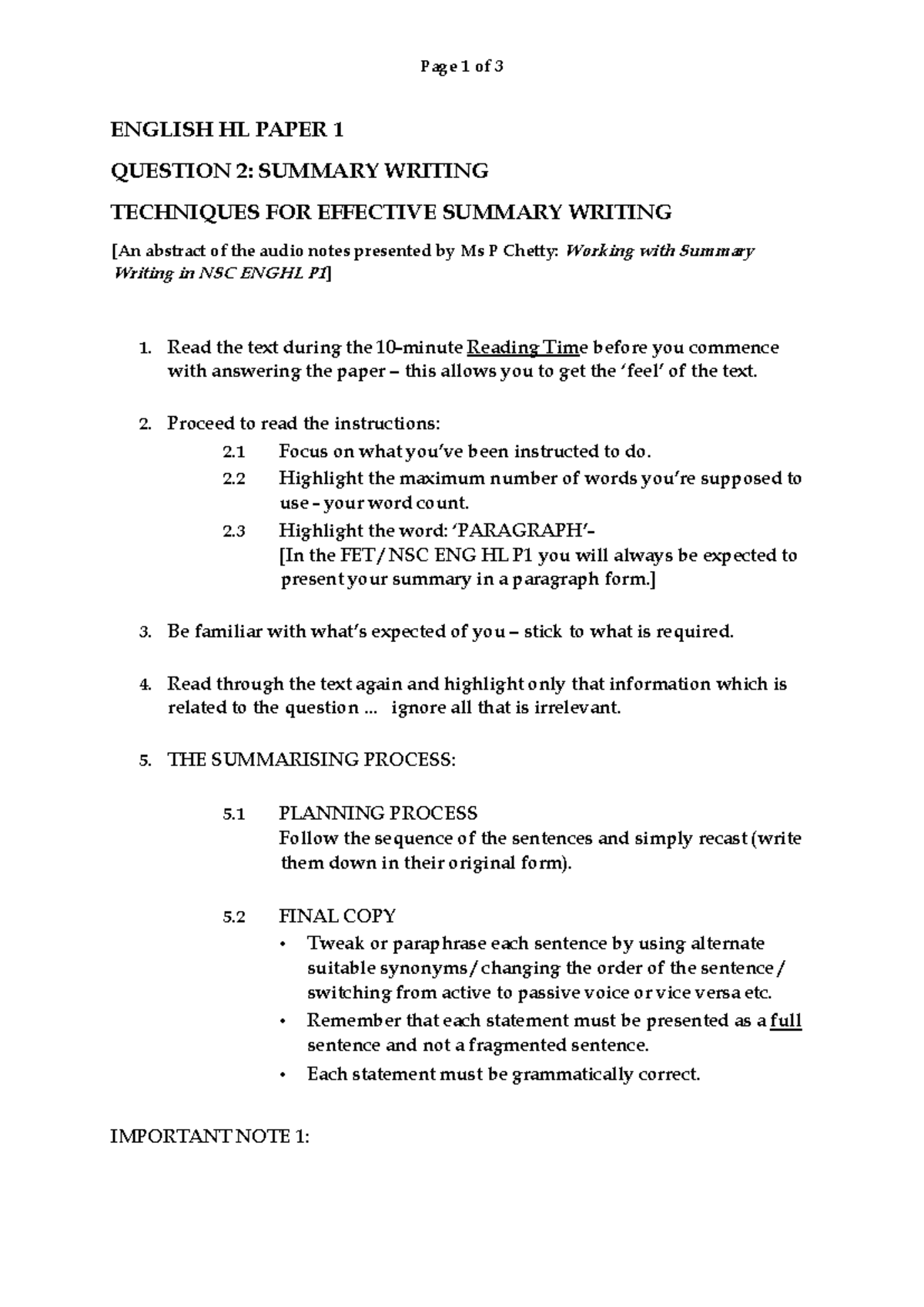 Guidelines for Summary Writing - NSC ENG HL P1 - Studocu