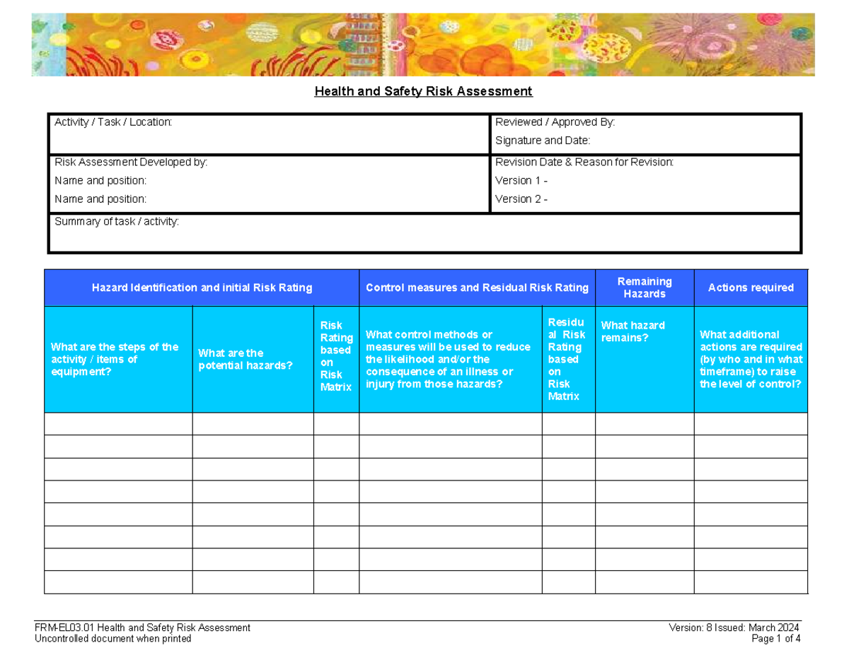 UON Health and Safety Risk Assessment Template - Version 8 (March 2024 ...