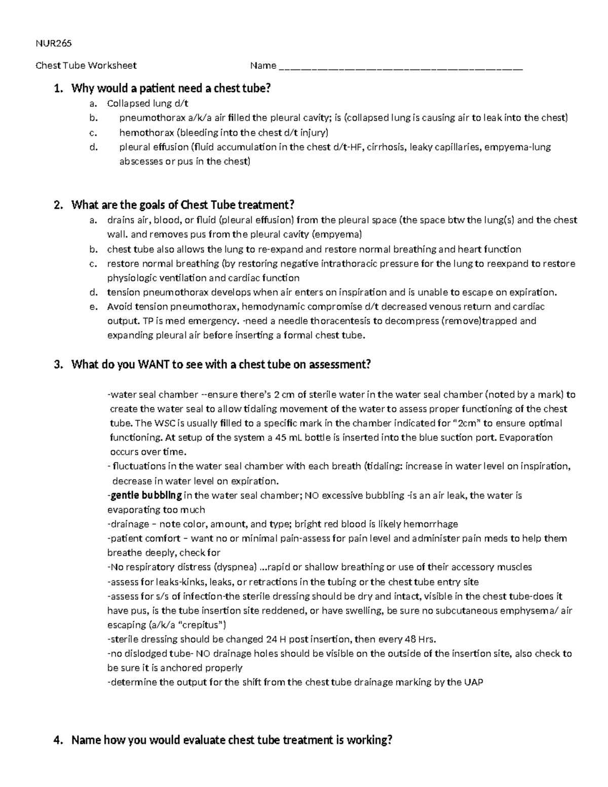 Alteration in Resp - V/Q mismatch review - NUR Chest Tube Worksheet ...