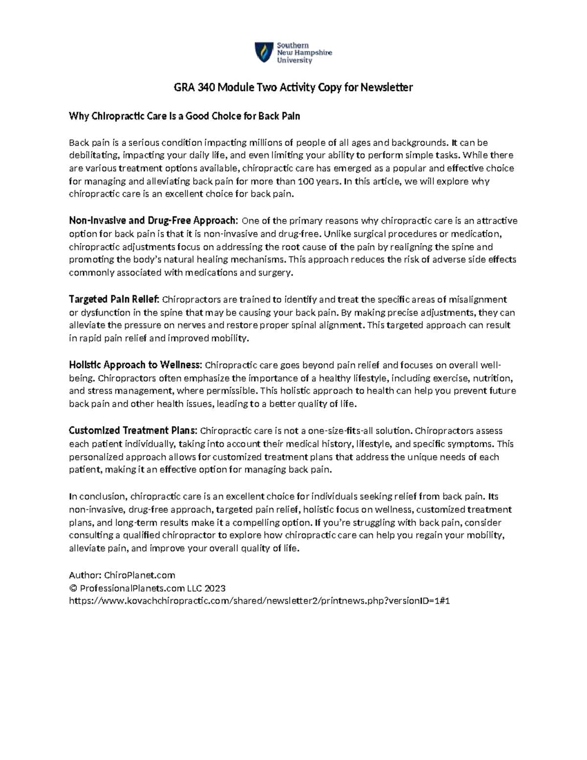 GRA 340 Module Two Activity: Benefits of Chiropractic Care for Back ...