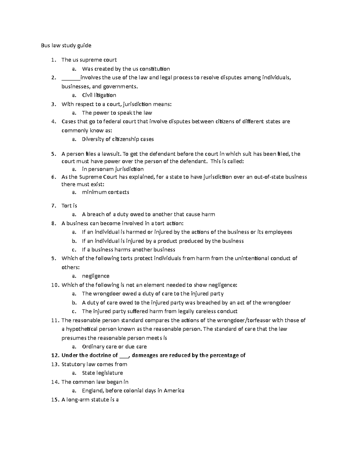 Bus 201 Study Guide: Key Concepts in Business Law - Studocu
