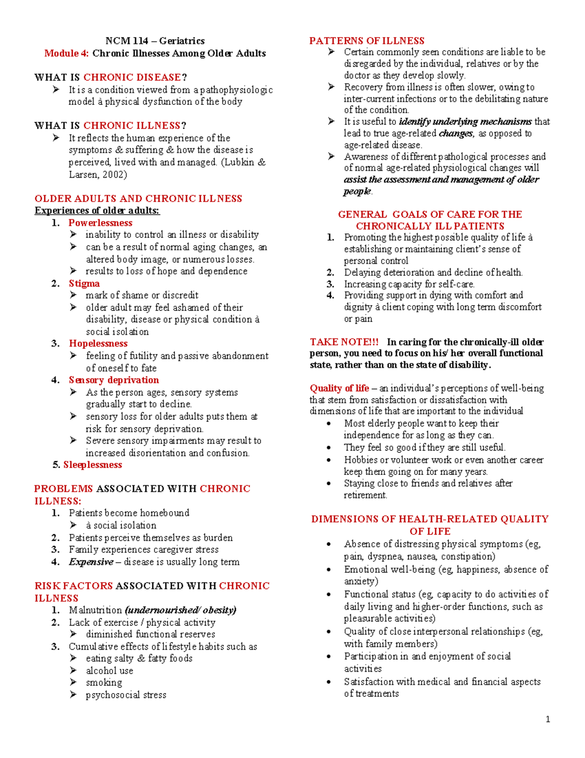 NCM 114 Geriatrics Module 4: Chronic Illnesses in Older Adults - Studocu