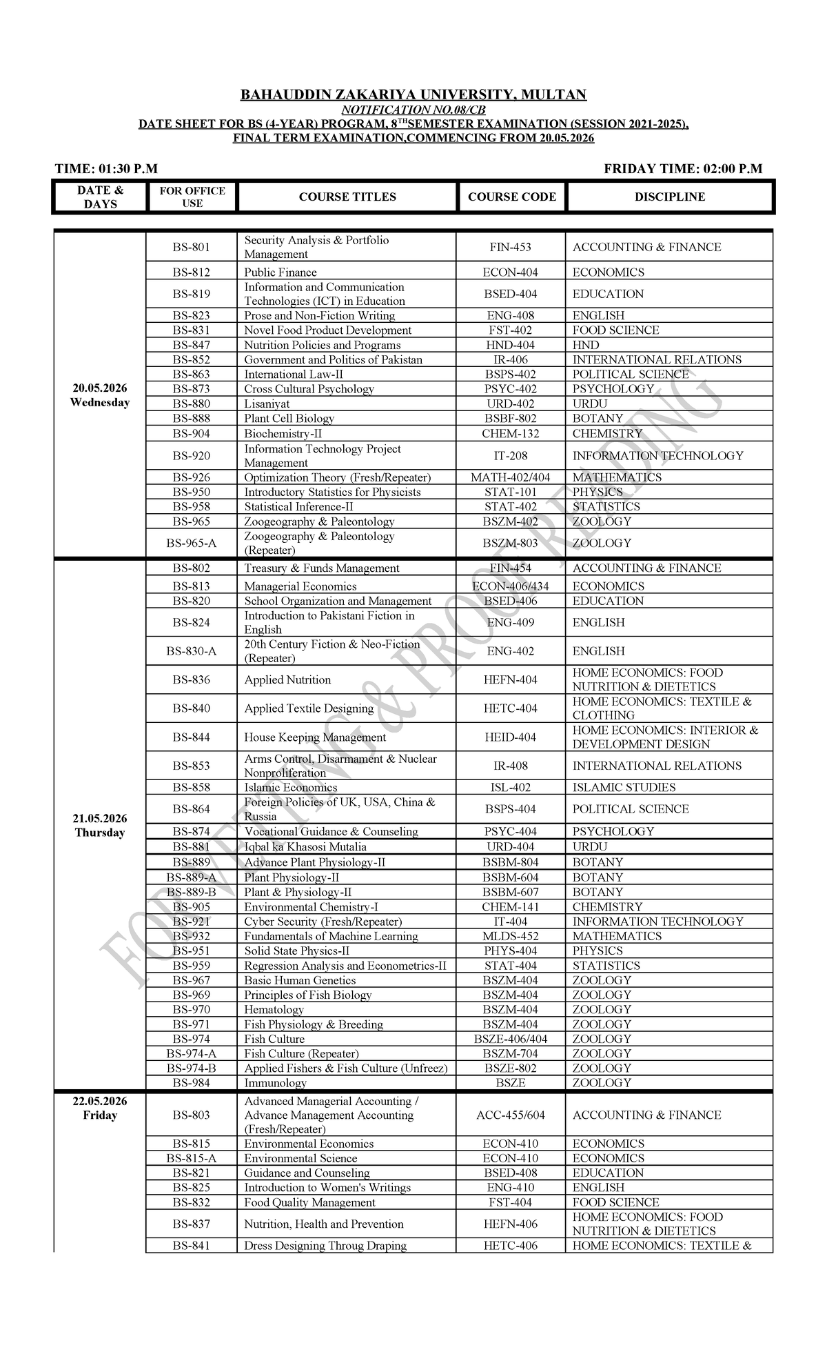 BAHAUDDIN ZAKARIYA UNIVERSITY BS 8TH SEMESTER FINAL EXAM DATE SHEET ...