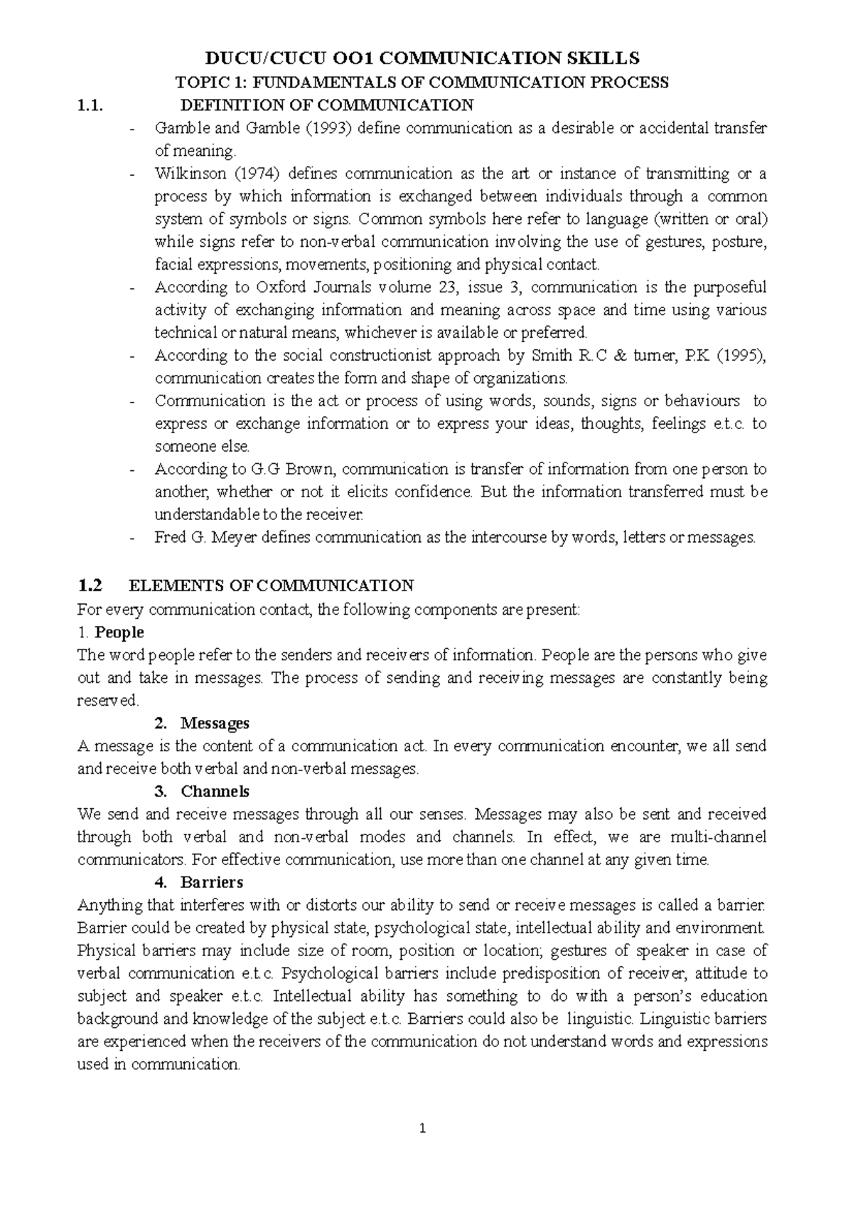Communication Skills Notes PART ONE - Mount Kenya University - Studocu