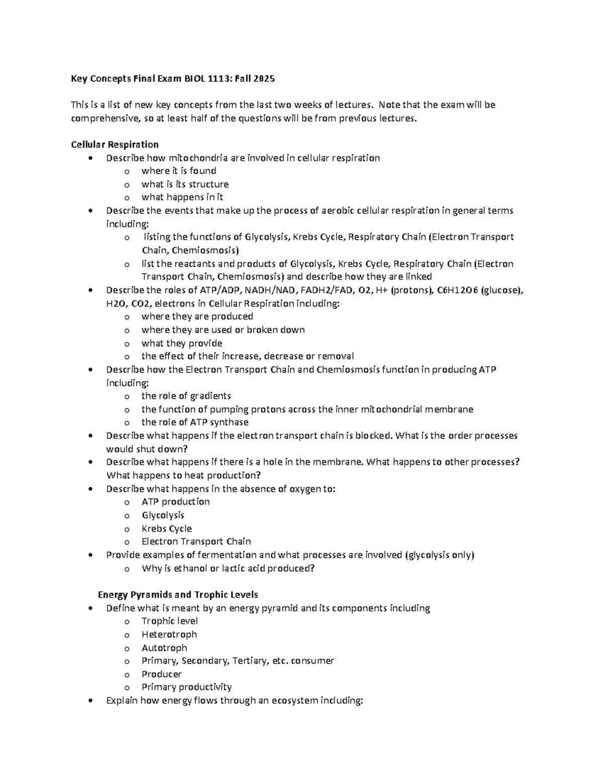 Key Concepts Final Exam BIOL 1113: Fall 2025 - Studocu