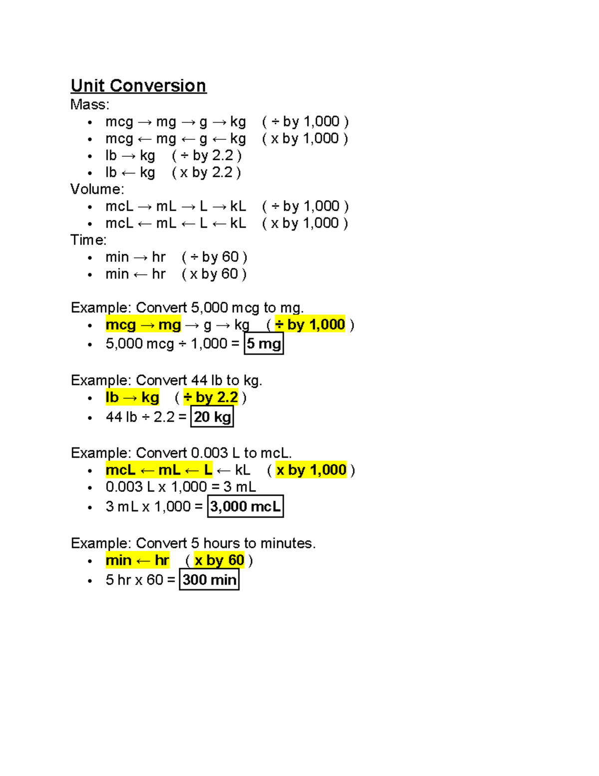 Unit Conversion Guide: Mass, Volume, Time, and IV Calculations - Studocu