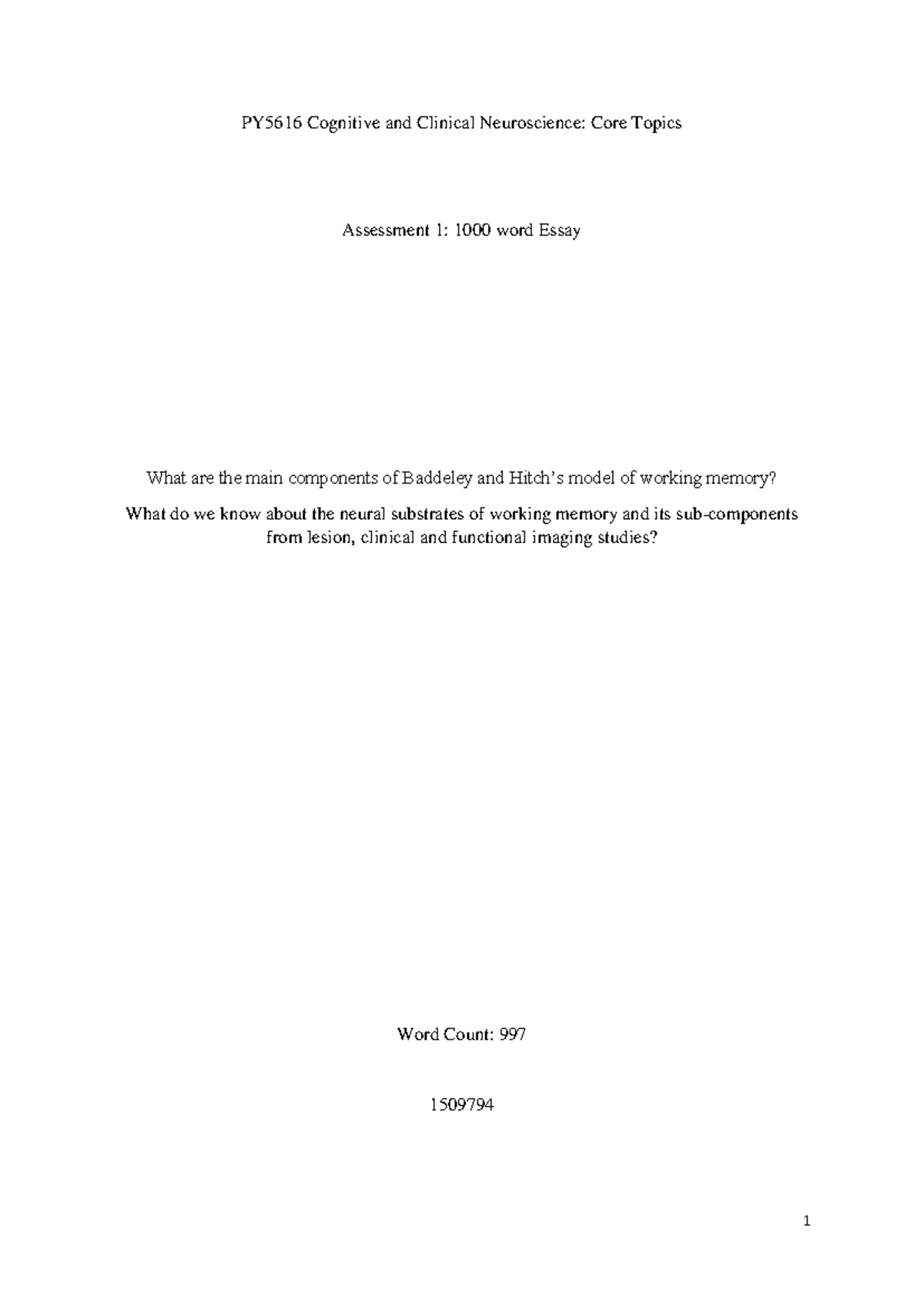 PY5616 Essay - Components of Baddeley & Hitch’s Working Memory Model ...