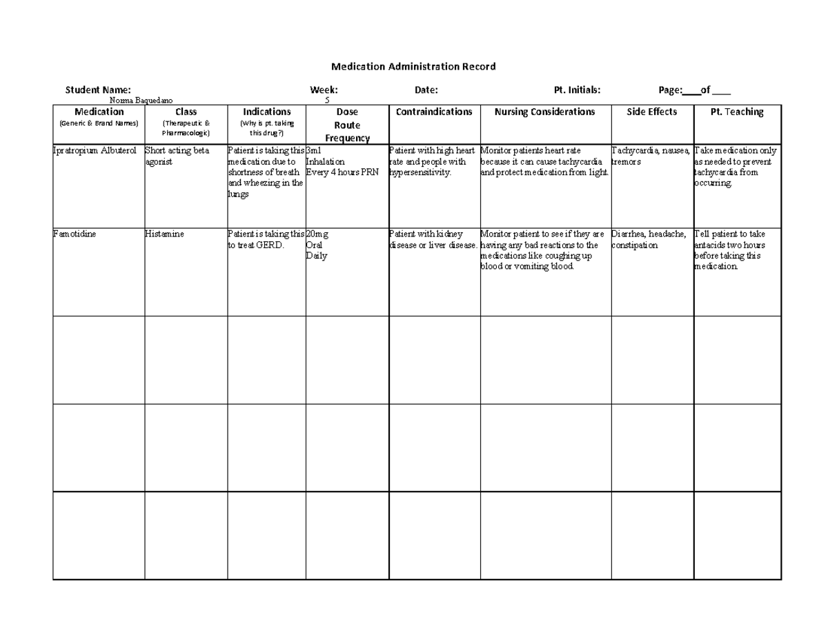 Medication Administration Record (MAR) - Week 5 for Norma Baquedano ...