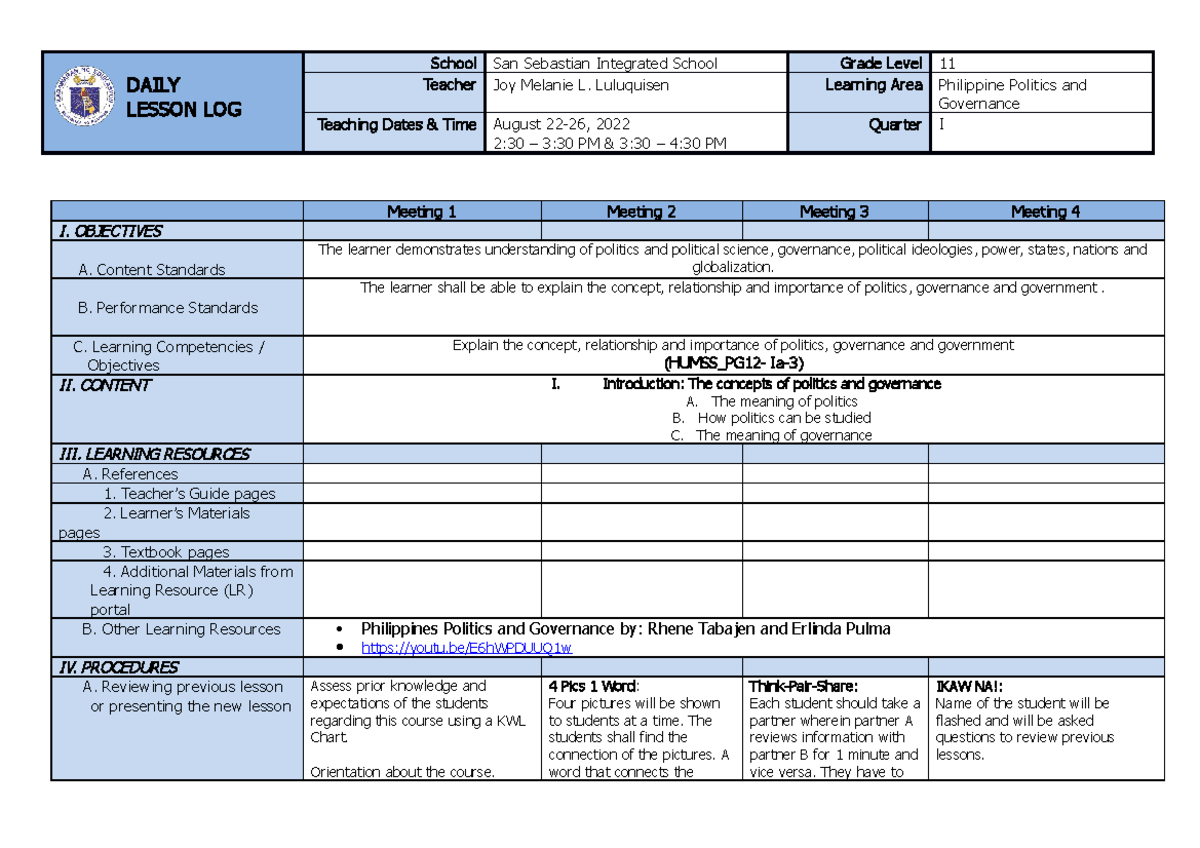 DLL Week 1 Teaching Guide: Philippine Politics & Governance (HUMSS_PG ...