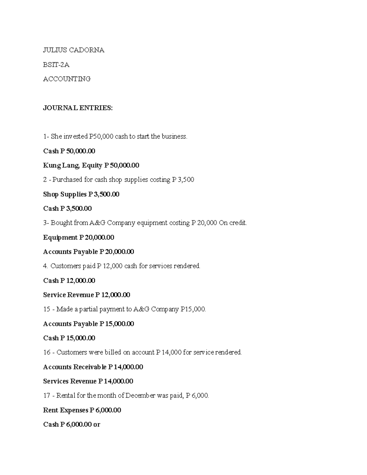 Accounting - JULIUS CADORNA BSIT-2A ACCOUNTING JOURNAL ENTRIES: 1- She ...