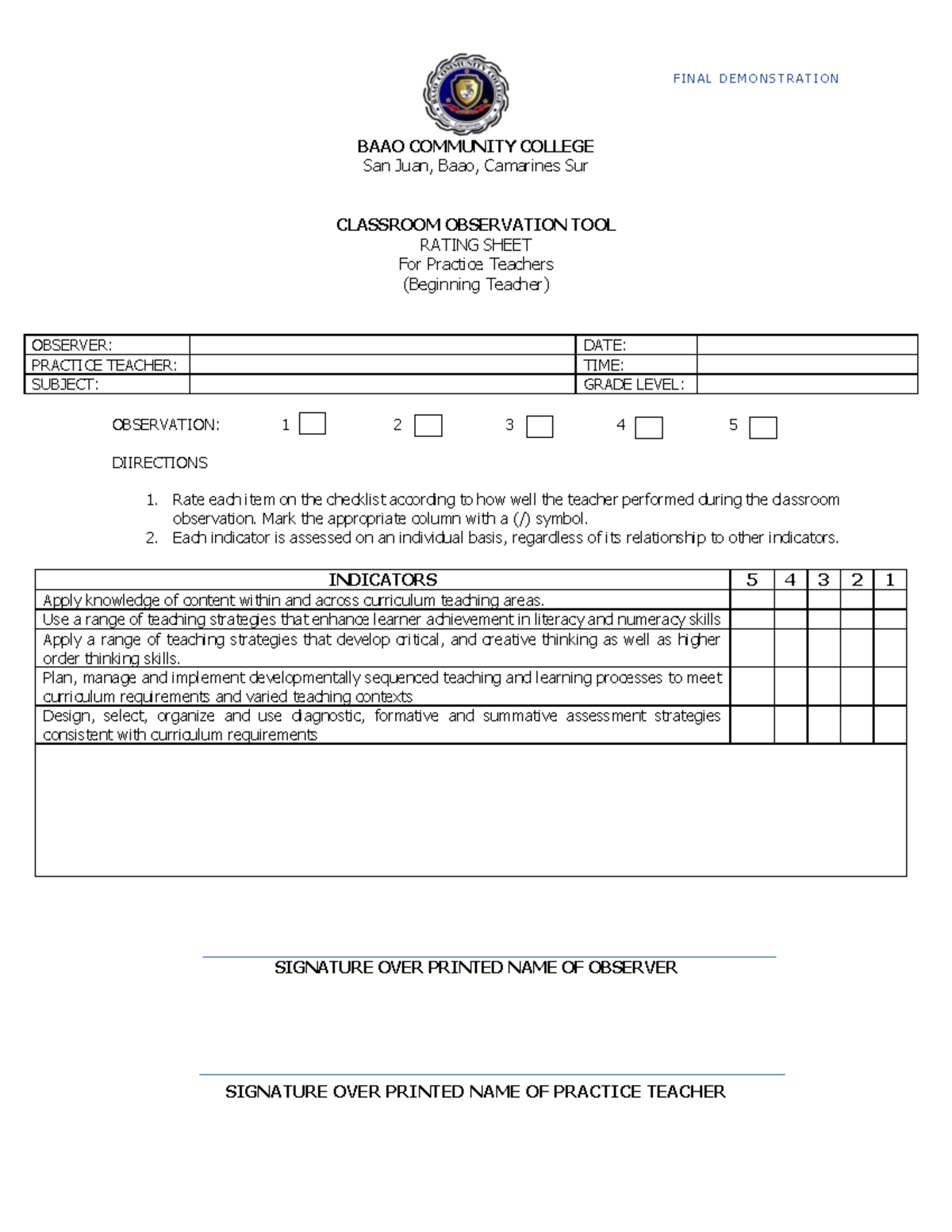 FINAL DEMO COT RATING SHEET BAAO COMMUNITY COLLEGE - Studocu
