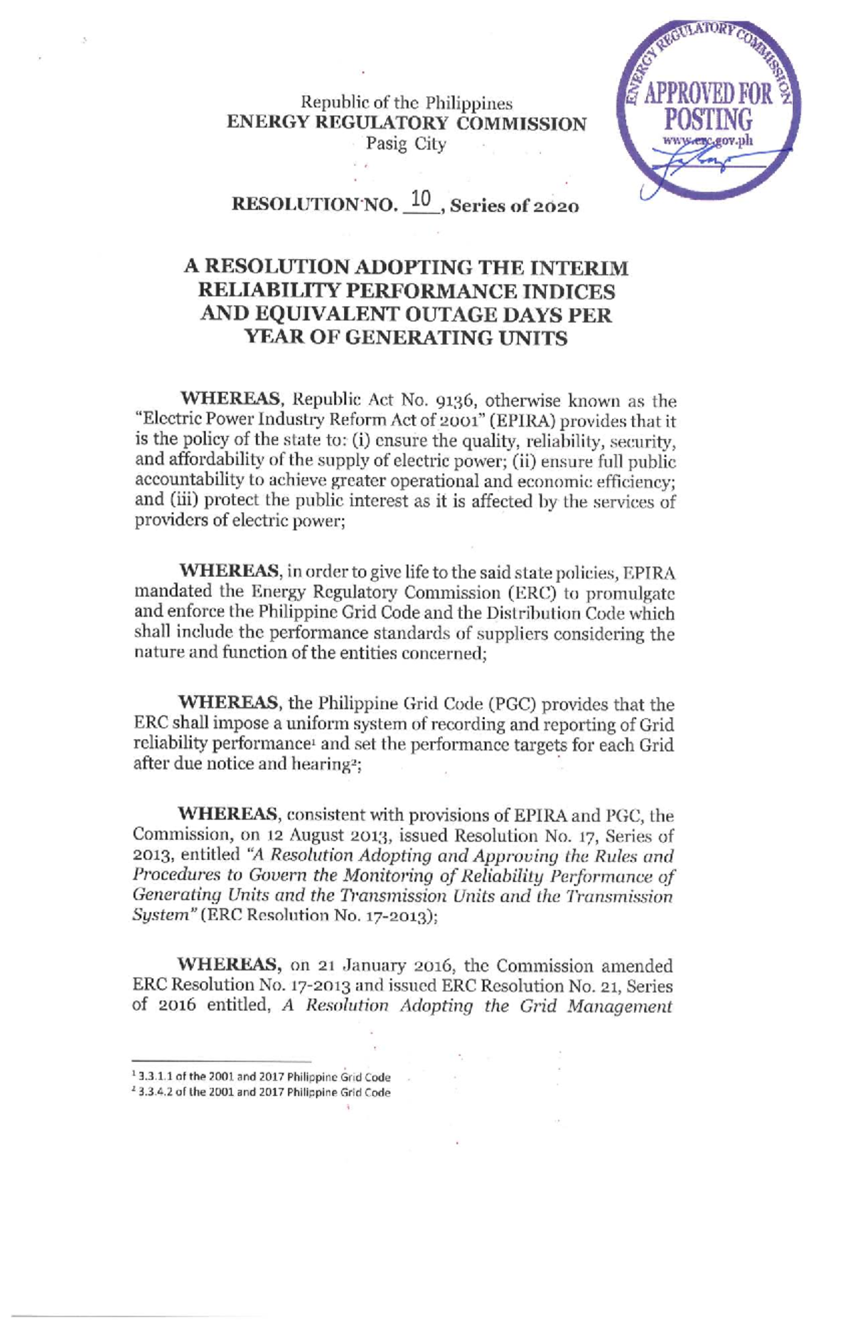 ERC Resolution No. 10, Series of 2020: Interim Reliability Indices ...