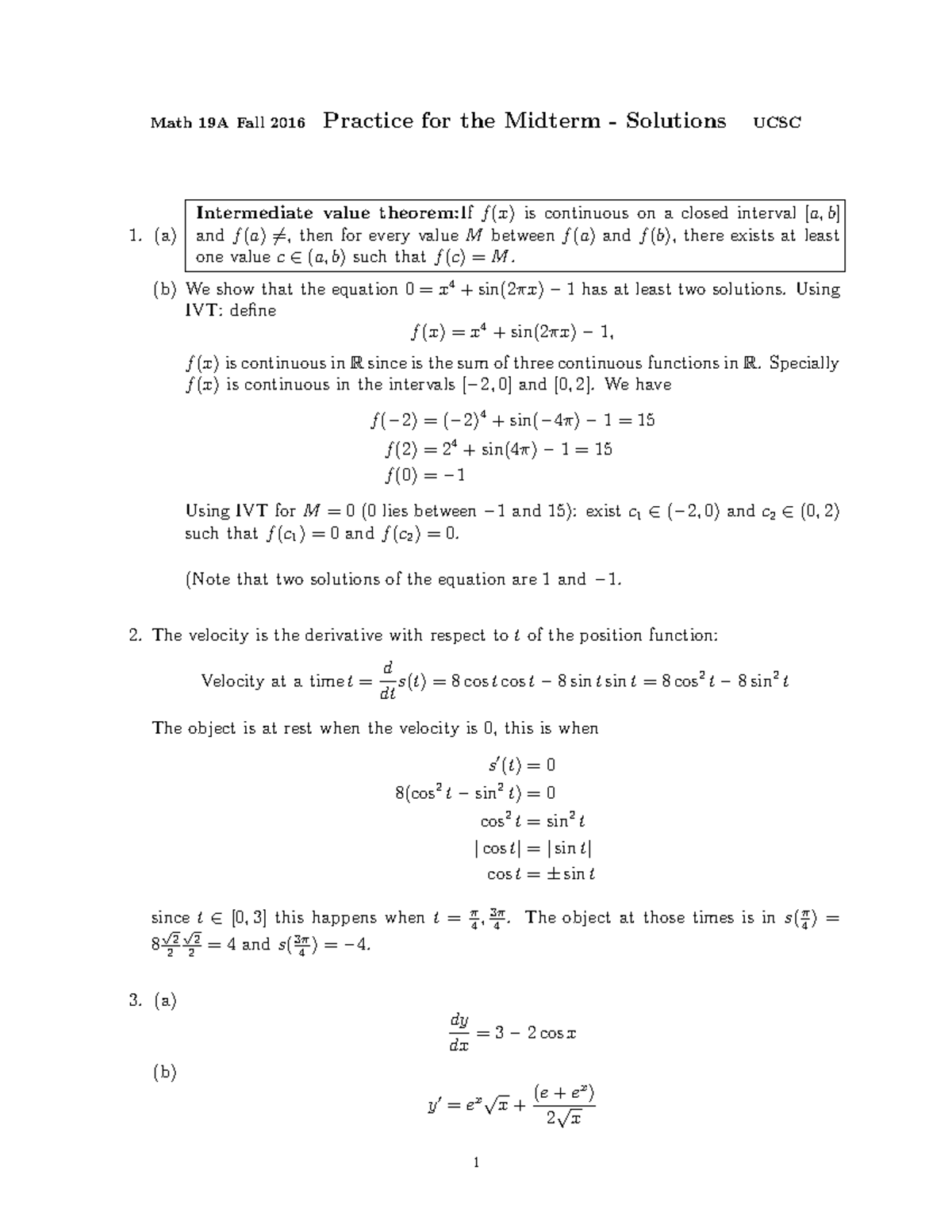 M19A Practice Problems Midterm Solutions - Math 19A Fall 2016 1. (a ...