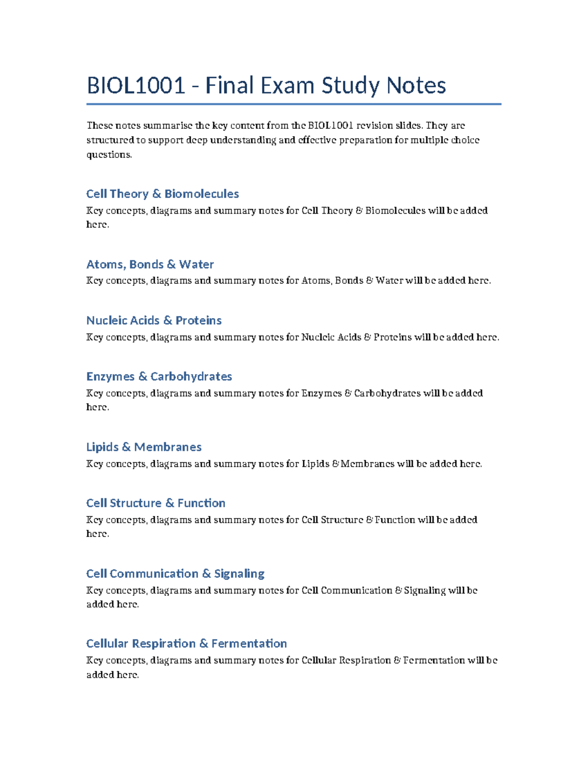 BIOL1001 Final Exam Study Notes: Key Concepts & Summaries - Studocu
