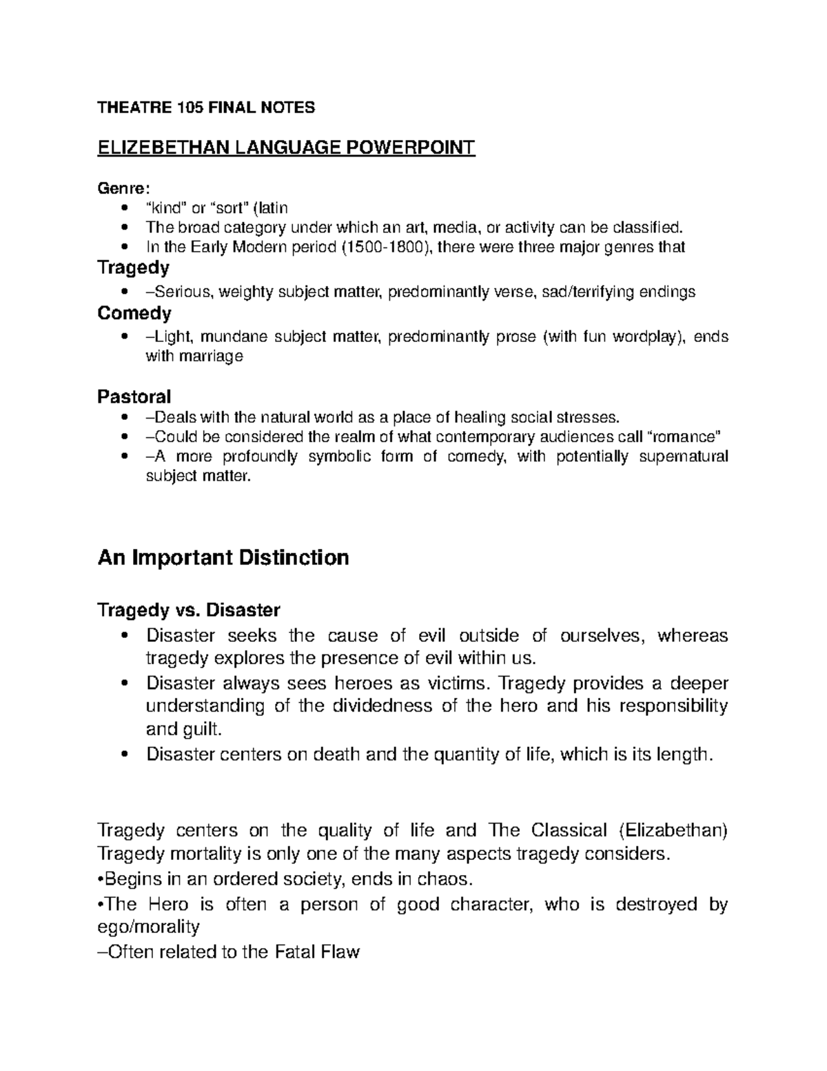 Theatre 105 Final Exam Study Notes on Genres and Themes - Studocu