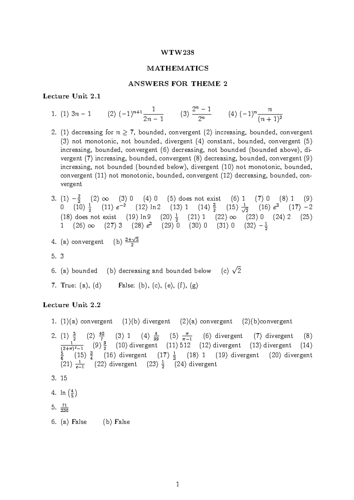 WTW238 Mathematics Answers for Theme 2 Lecture Units 2.1 & 2.2 - Studocu