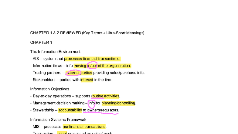 CHAPTER 1 & 2 REVIEWER: Key Terms & Concepts in AIS - Studocu