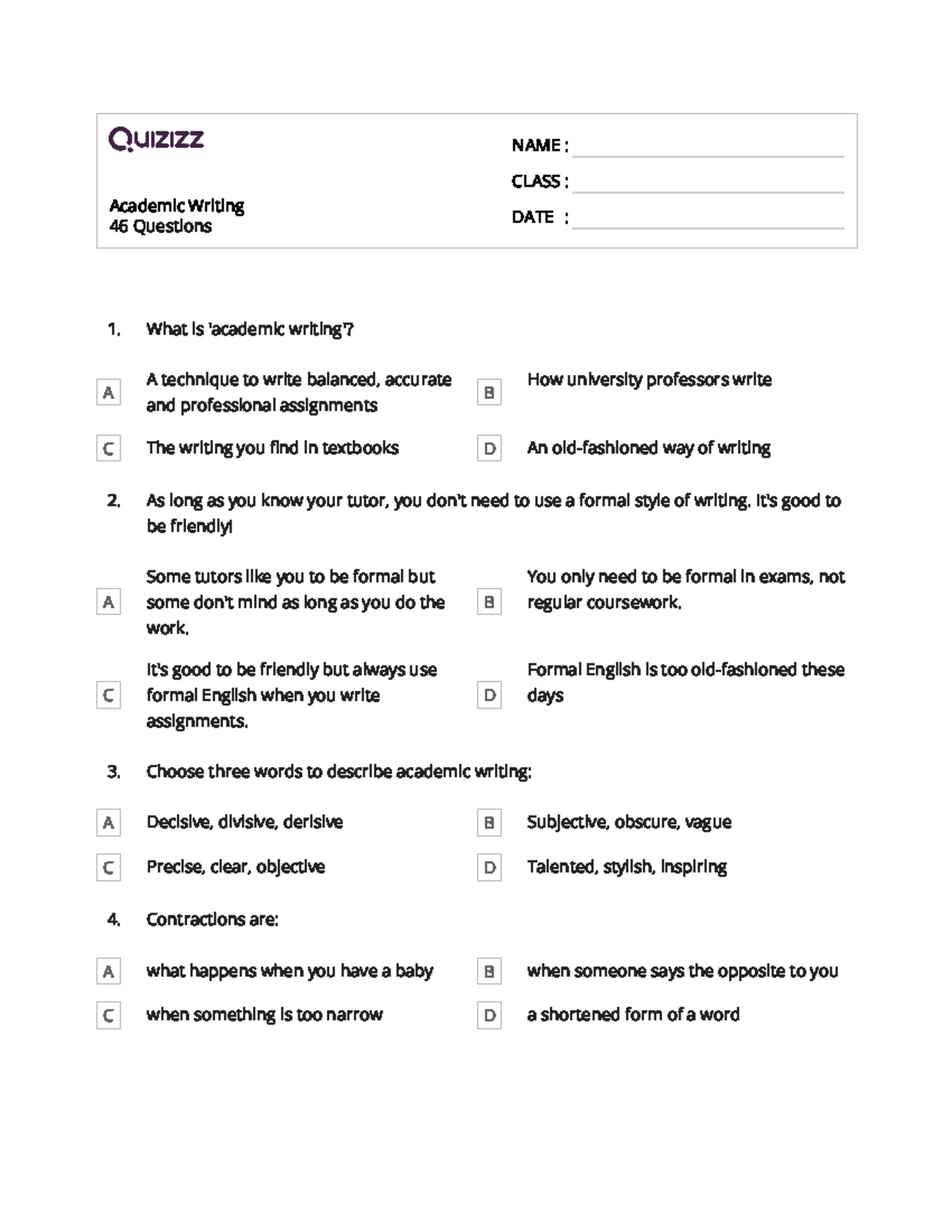 Academic Writing and Information Literacy Quiz - 46 Questions - Studocu