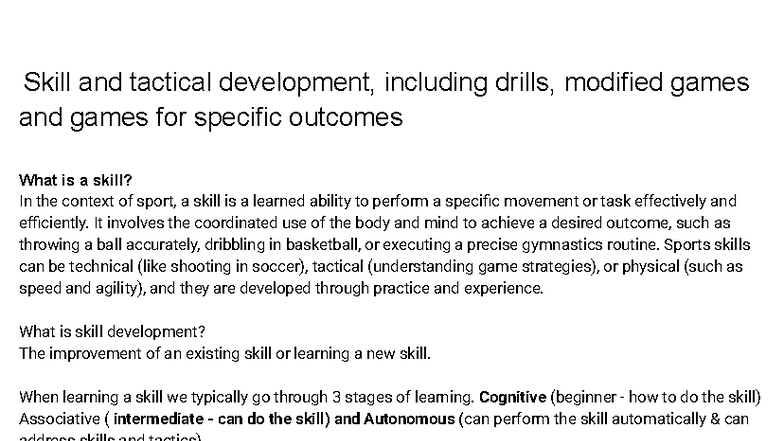 Skill & Tactical Development: Drills, Games & Learning Stages - Studocu