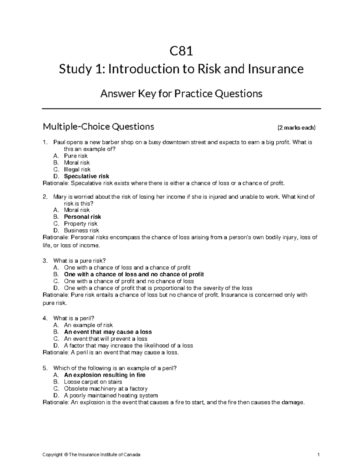 C81 Study 01: Risk and Insurance Practice Questions Answer Key - Studocu