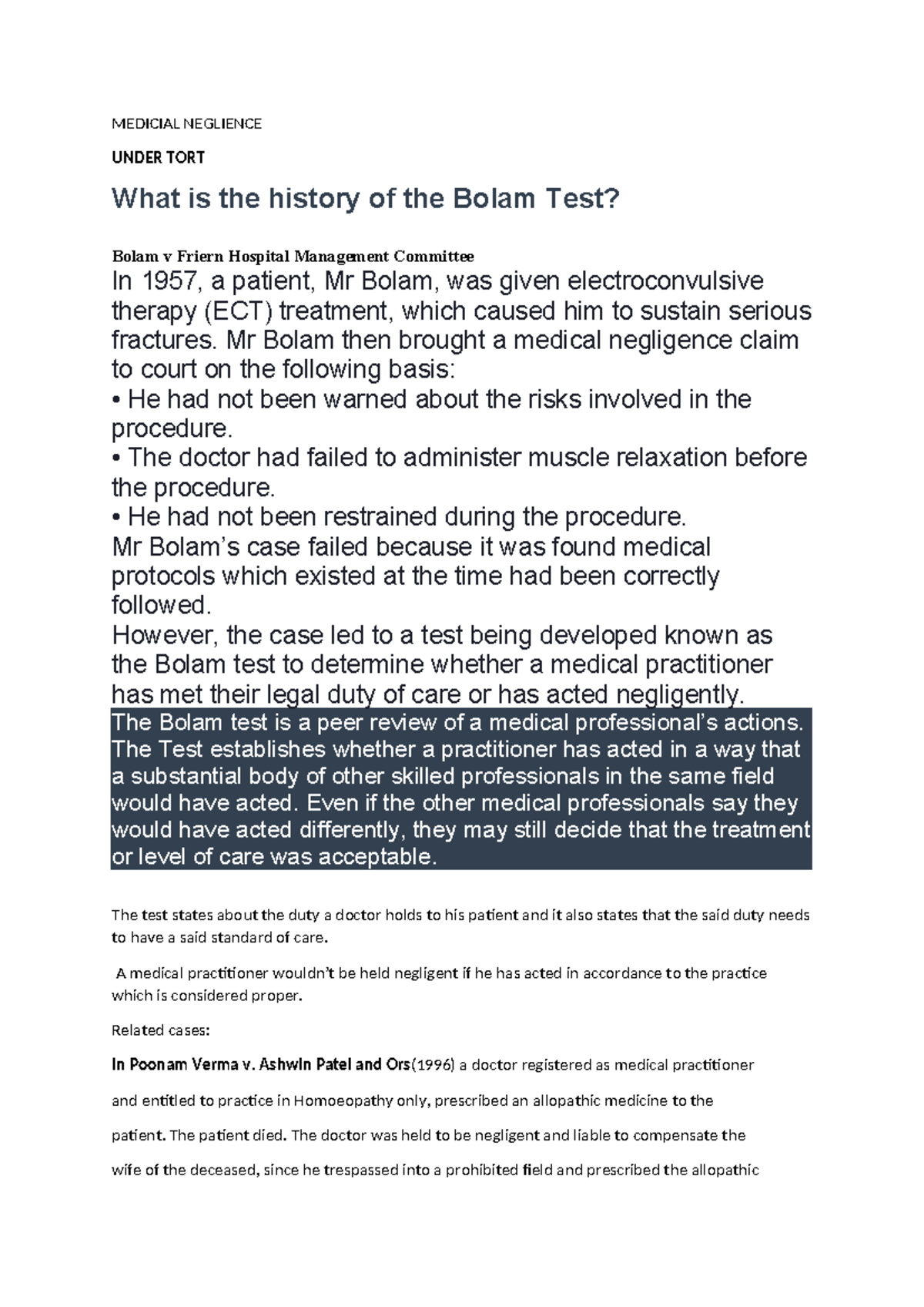 MEDICAL NEGLIGENCE: Overview of the Bolam Test and Related Cases - Studocu