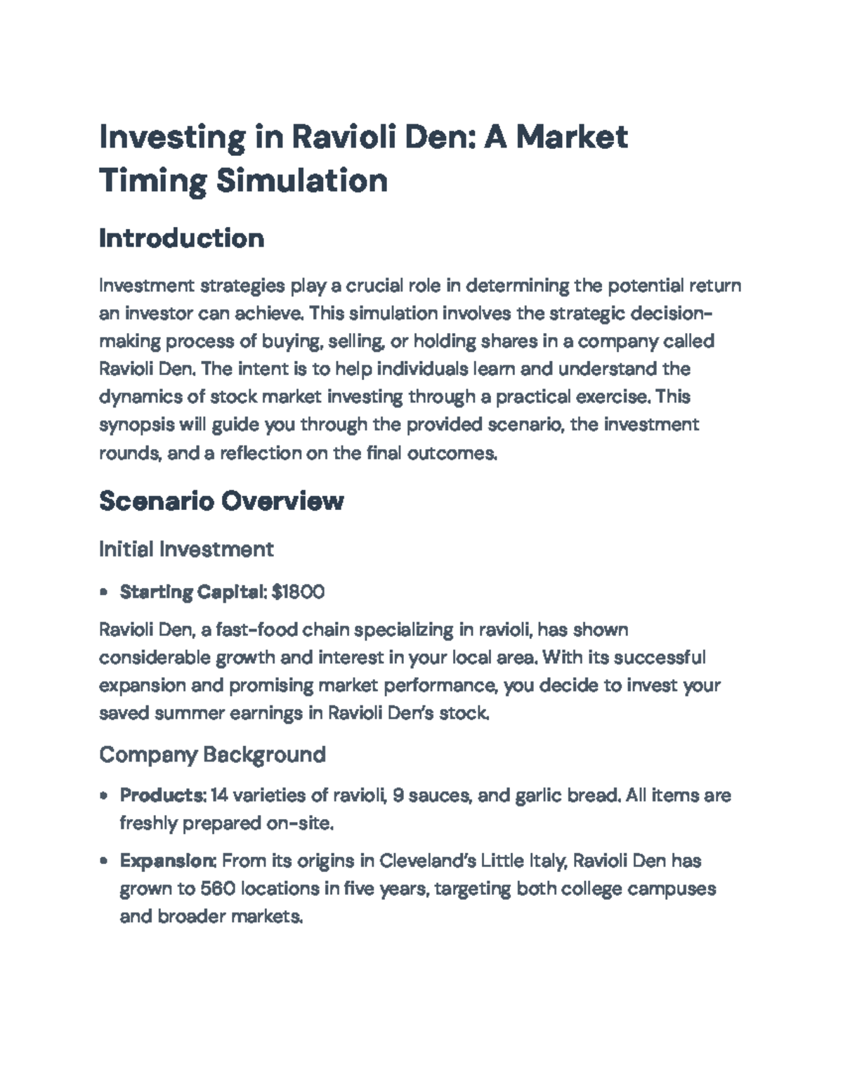 Investment Strategies Simulation for Ravioli Den (Economics 101 ...