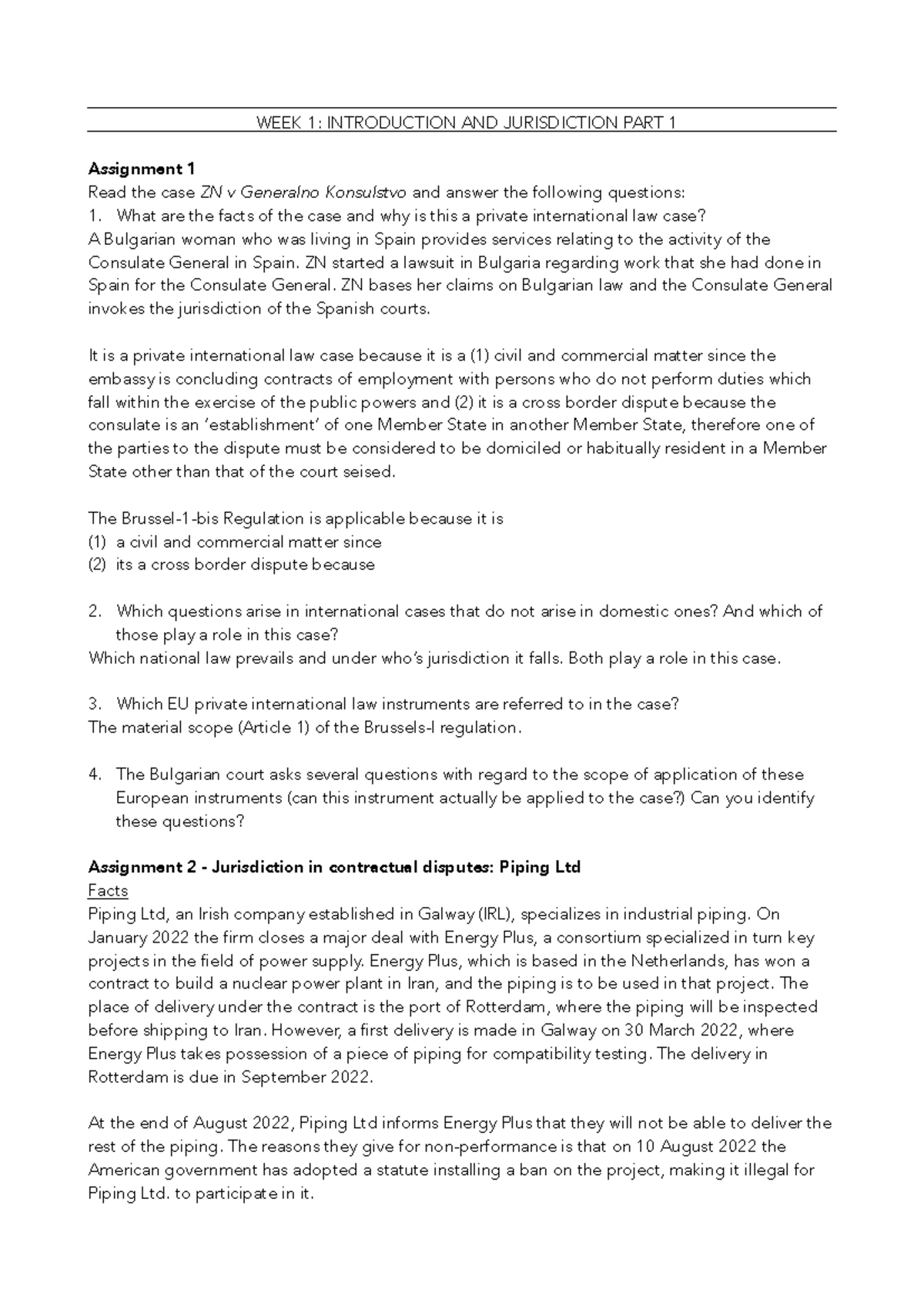 Private International Law (PIL) Assignments Week 2 - PDF - Studeersnel
