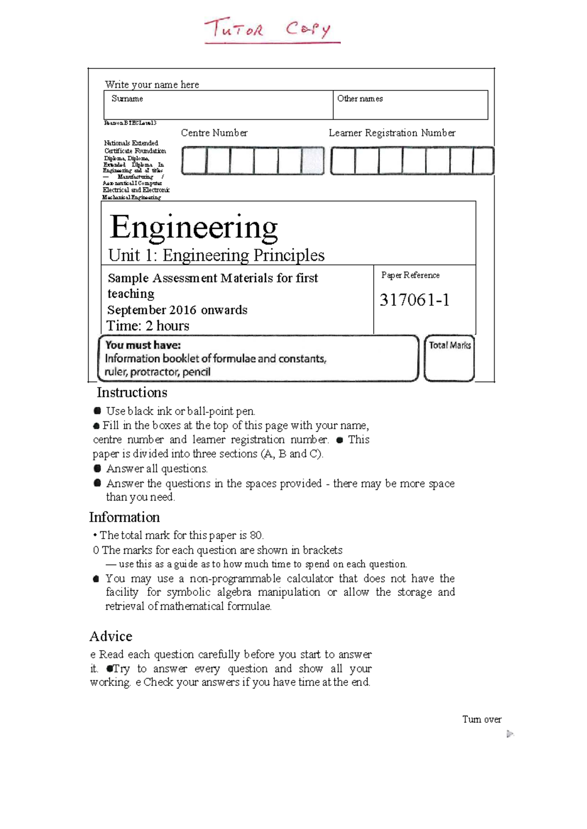BTEC Level 3 Engineering Unit 1: Principles Sample Assessment Answers ...