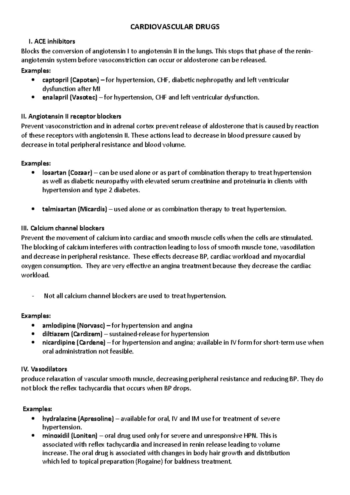 Cardiovascular Drugs - Comprehensive Study Notes for Med 101 - Studocu