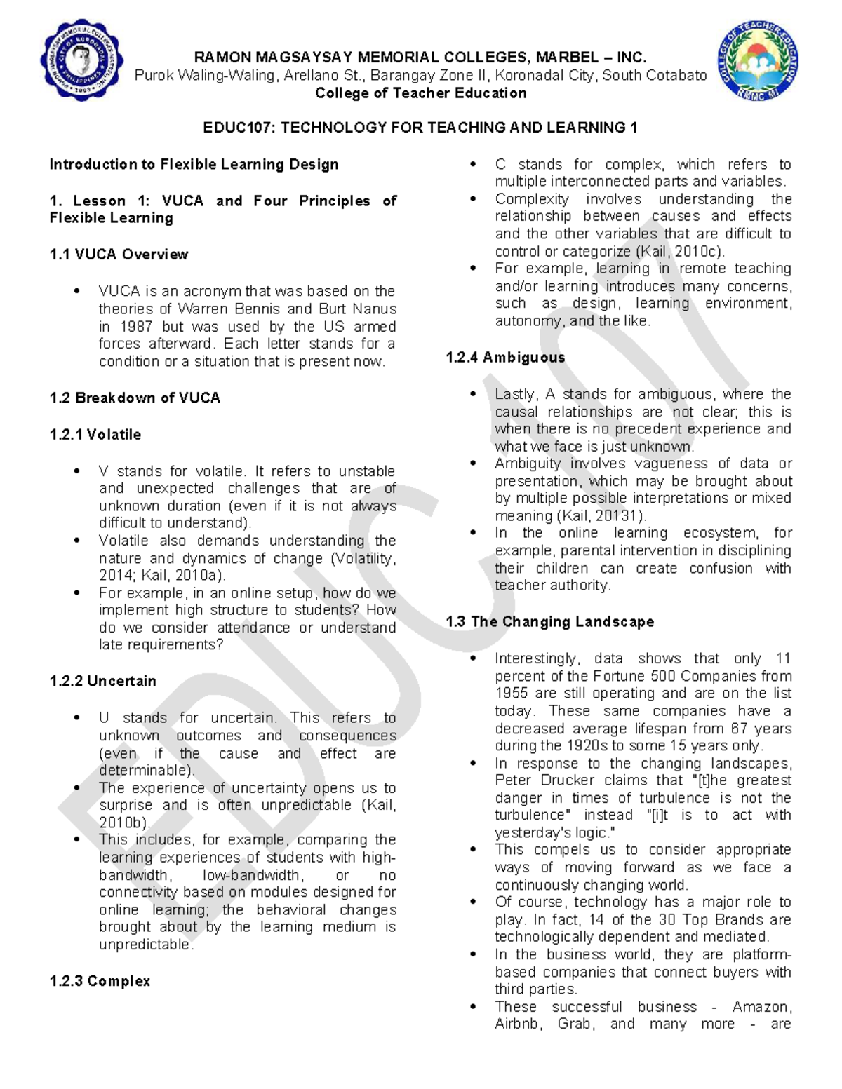 EDUC107: Flexible Learning Design Module Overview - Studocu