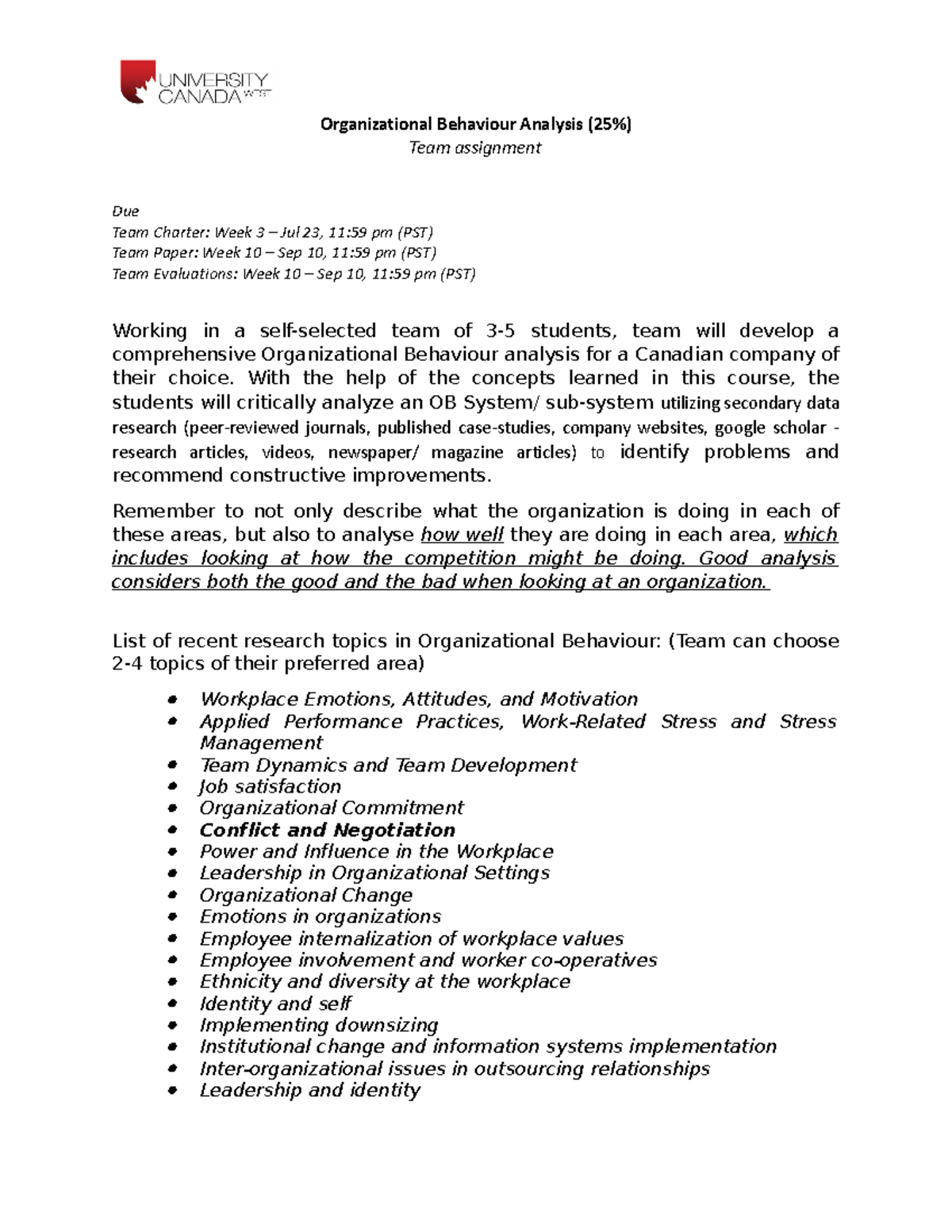 Organizational Behaviour Analysis: Team Project Guidelines (OB 101 ...