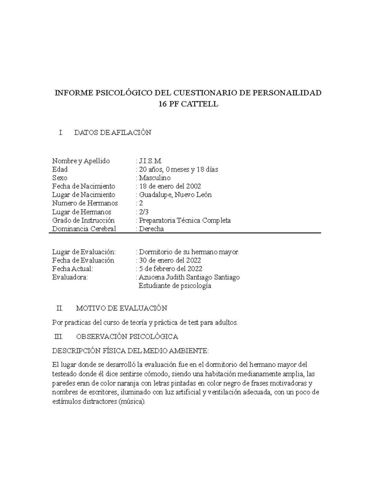 Informe Psicológico 16 PF Cattell: Evaluación de Personalidad - Document Preview