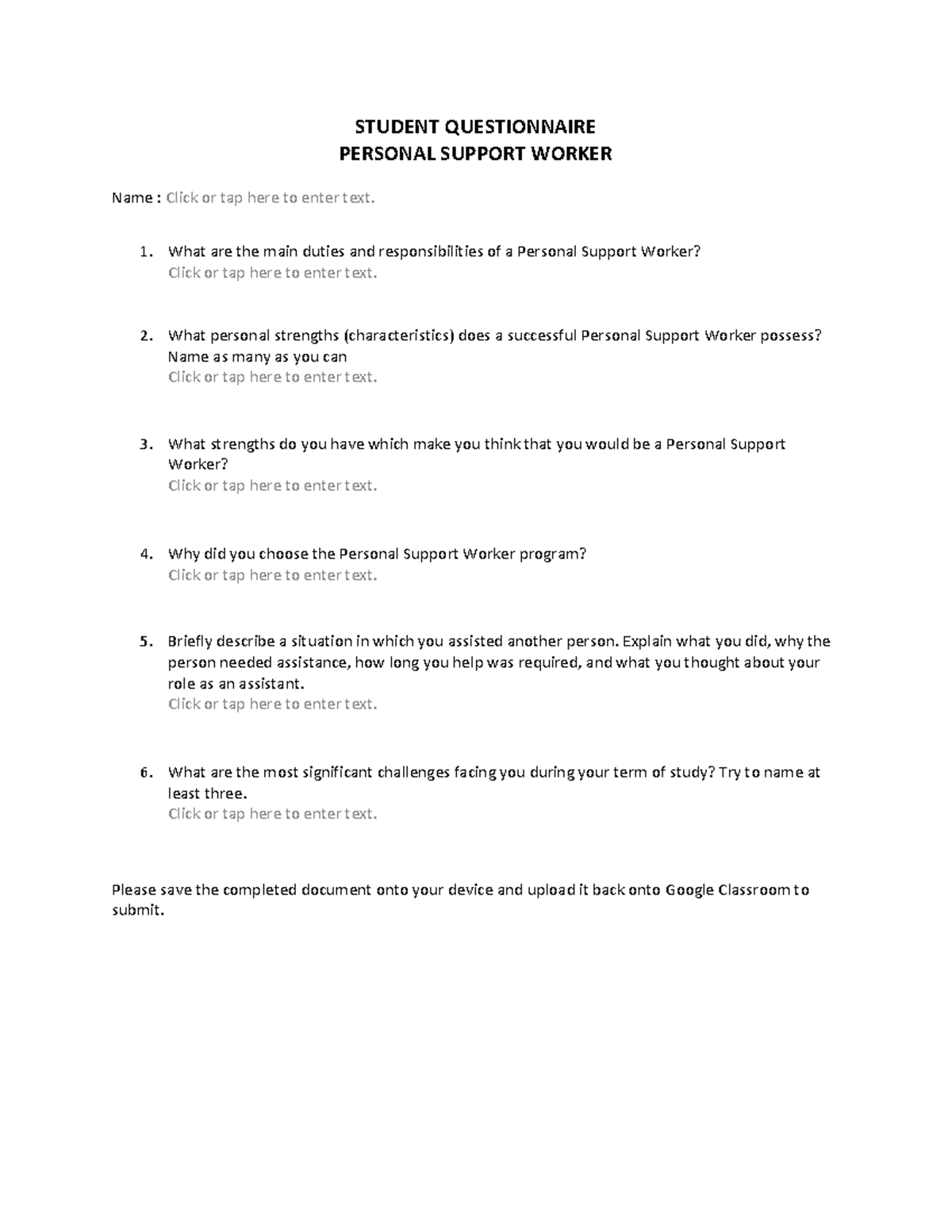 PSW Student Questionnaire - Personal Support Worker Program Insights ...