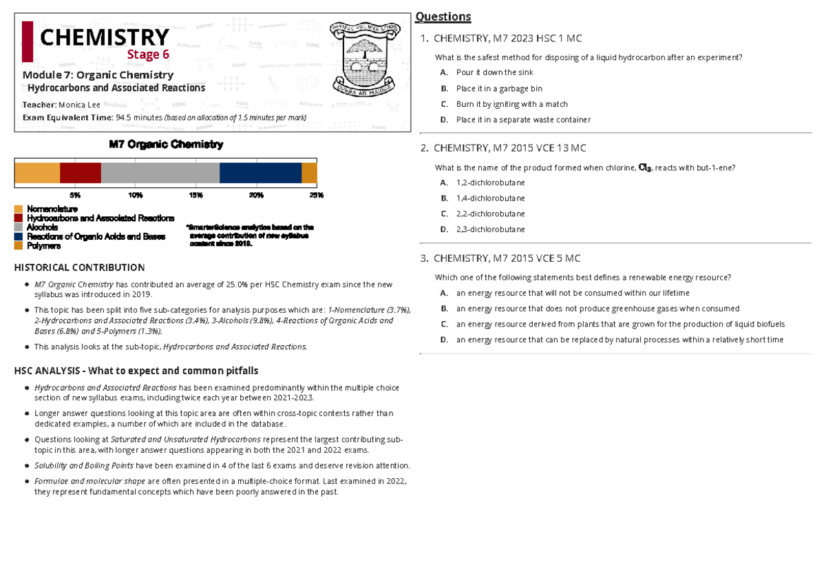 CHEMISTRY M7 2023 HSC Hydrocarbons & Associated Reactions Study Guide ...