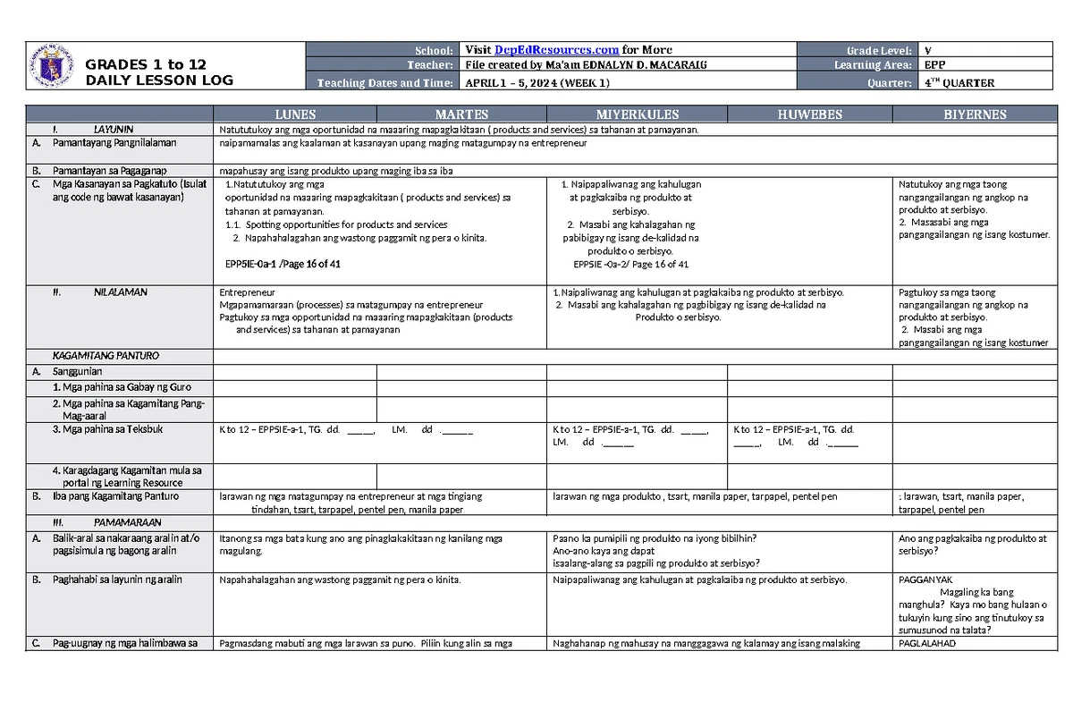 DLL EPP 5 Q4 W2 - practice materials - GRADES 1 to 12 DAILY LESSON LOG ...