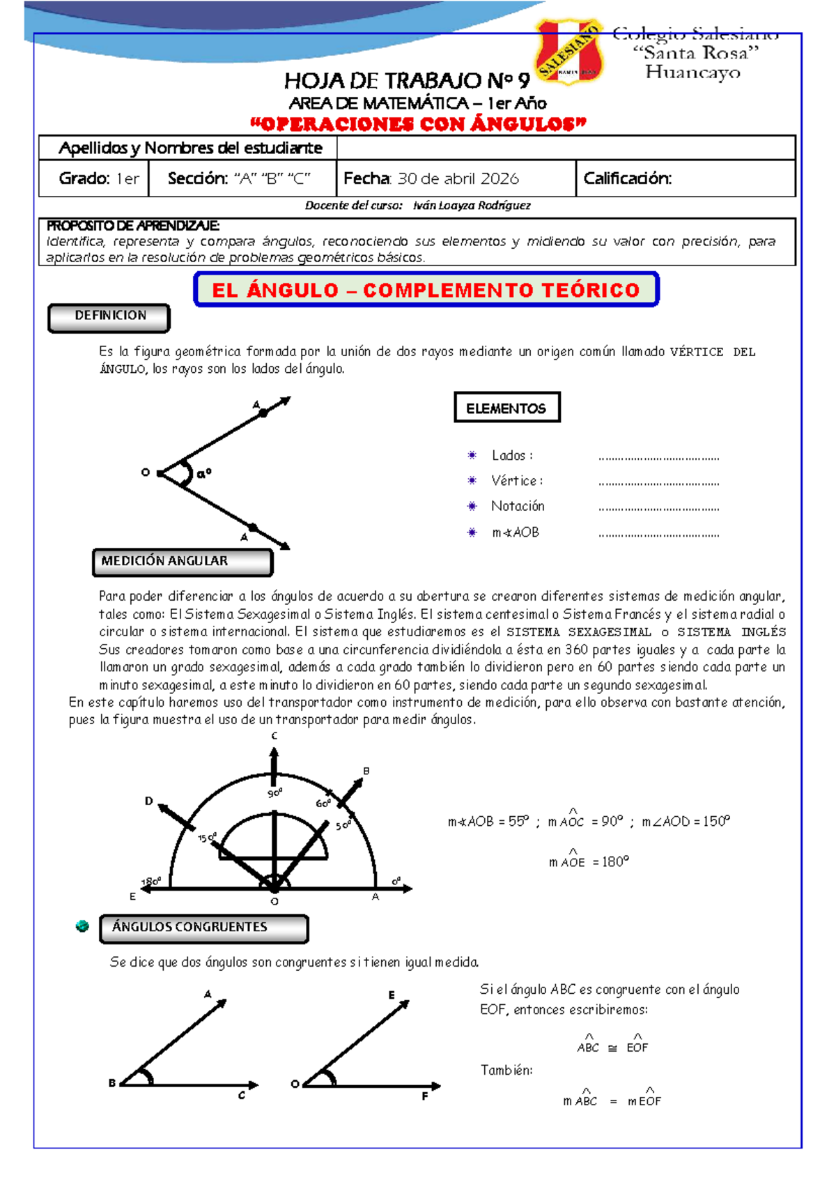 Hoja de Trabajo Nº 9: Ángulos y Medición Angular - Matemática 1er Año ...