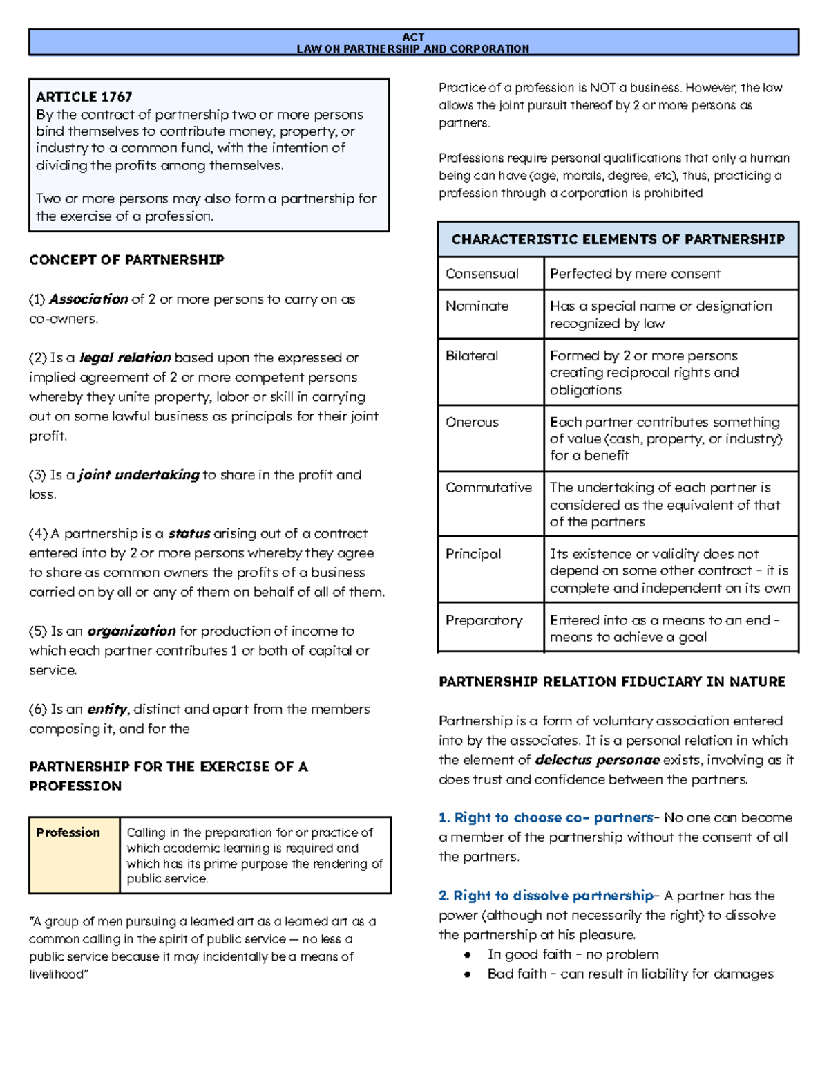 ACT LAW ON PARTNERSHIP AND CORPORATION: Key Concepts and Provisions ...