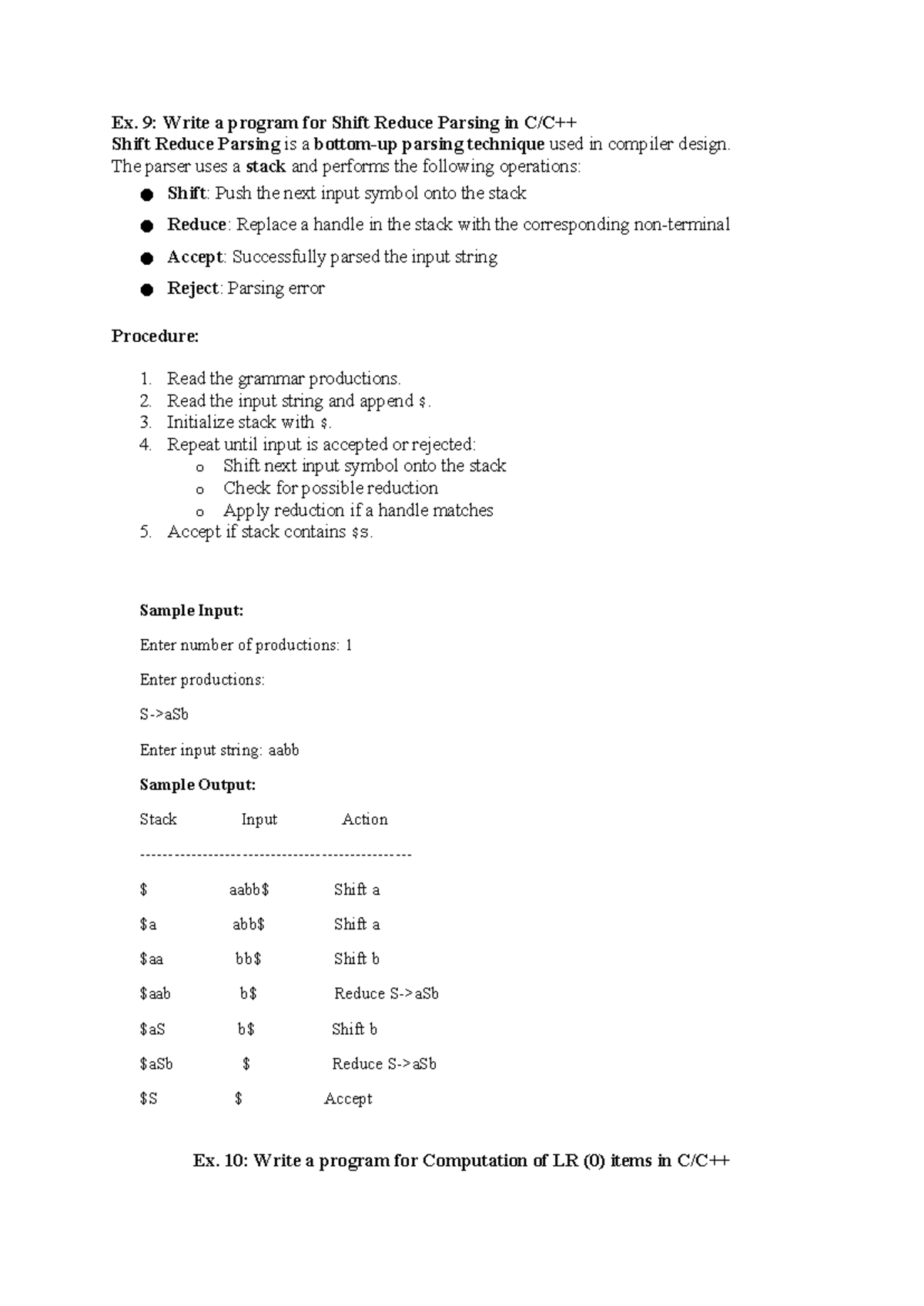 Ex 9 & 10: Shift Reduce Parsing & LR(0) Items - Lab Assessment - Studocu