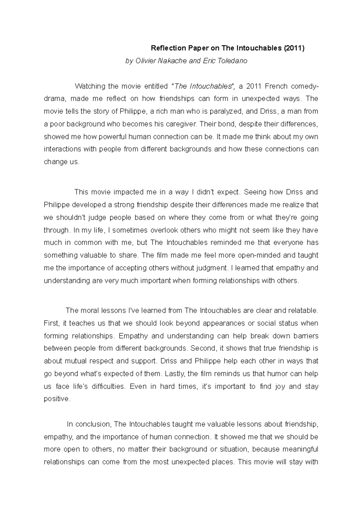 Reflection Paper on The Intouchables - The movie tells the story of ...