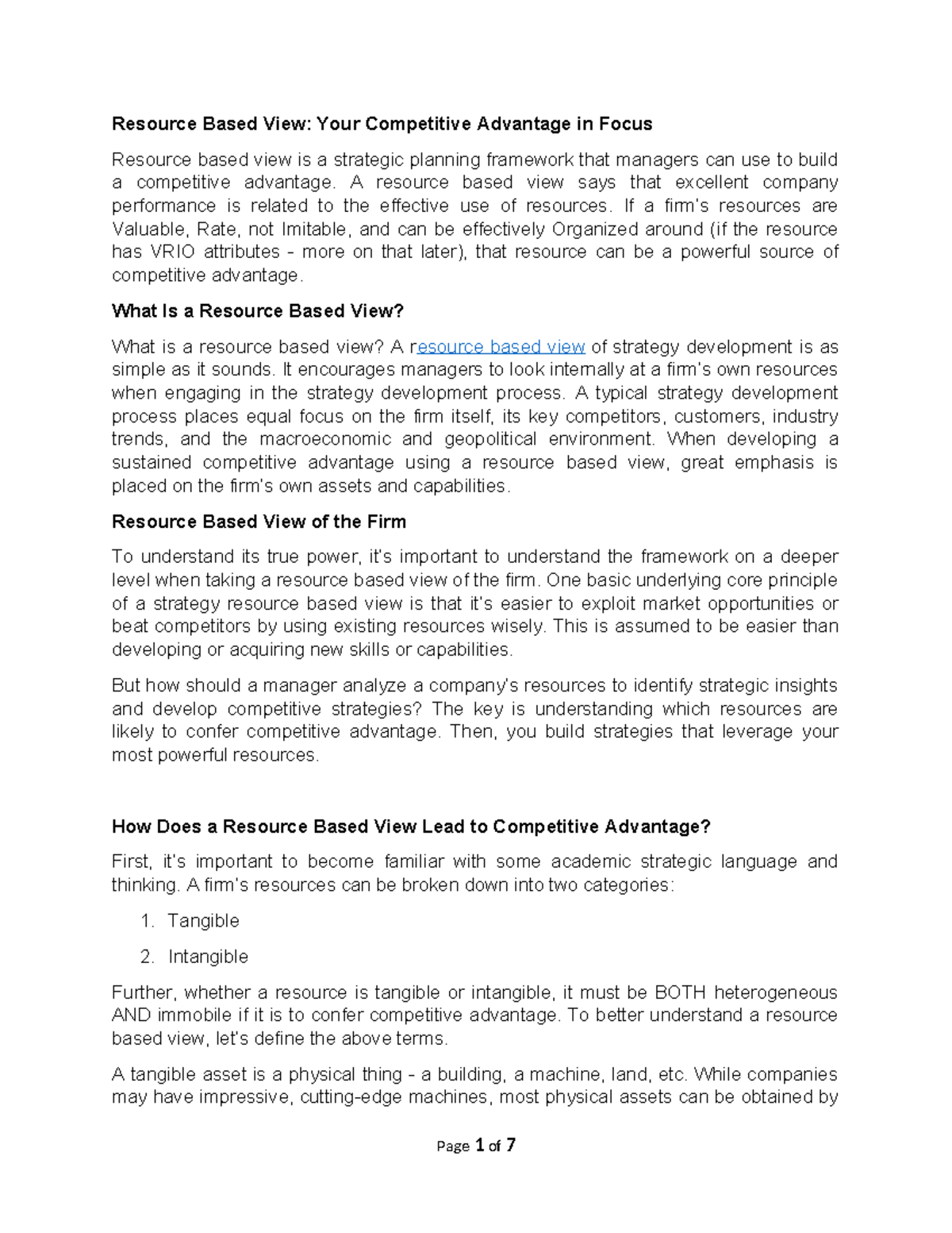 Resource Based View (RBV) Lecture Notes: Competitive Advantage Insights ...