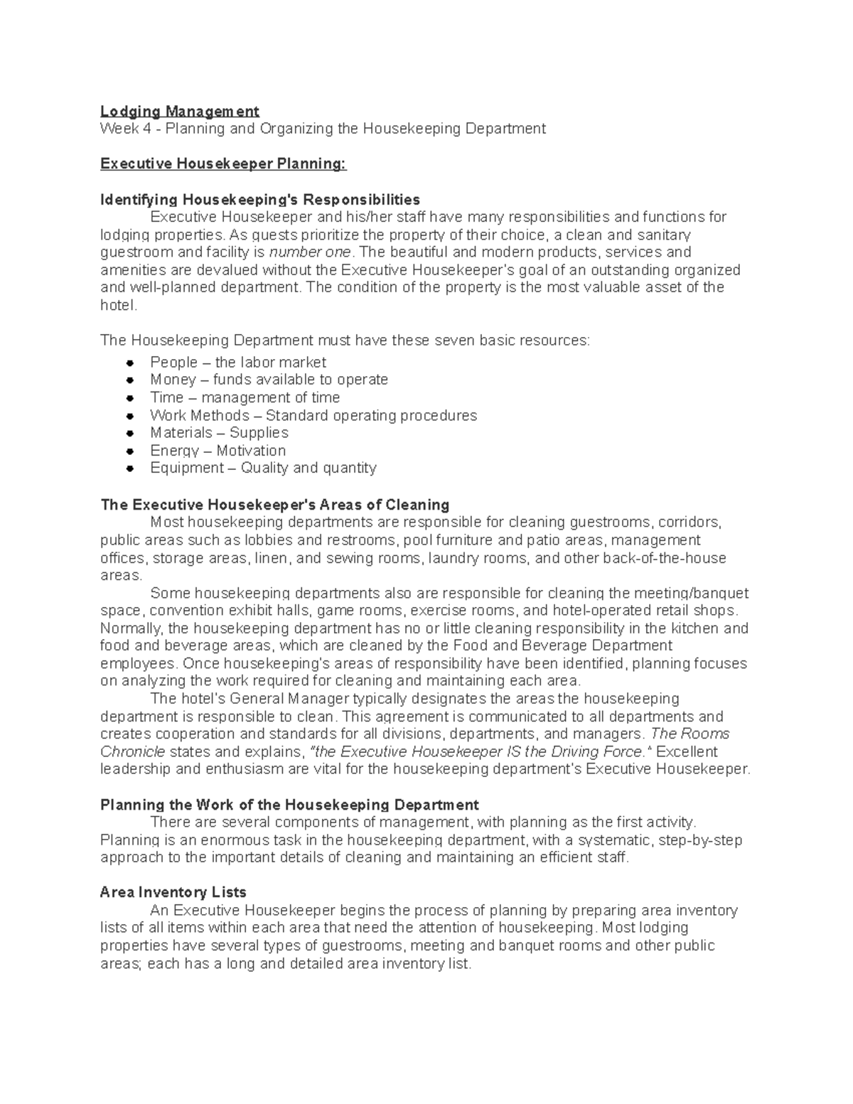 Lodging Management Wk 4 - Housekeeping Planning & Organization Notes ...