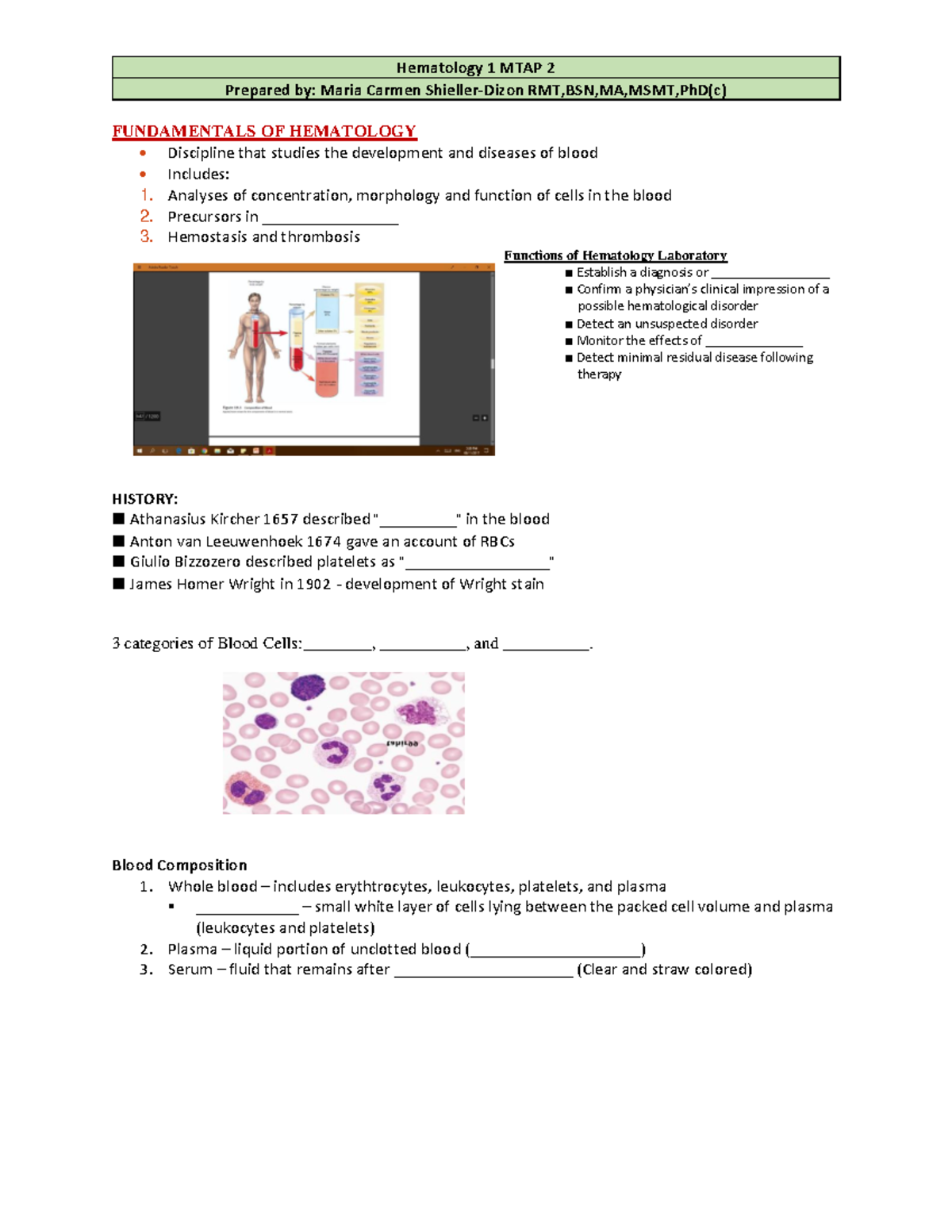 Hematology 1 MTAP 2 Lecture Notes: Fundamentals of Hematology - Studocu