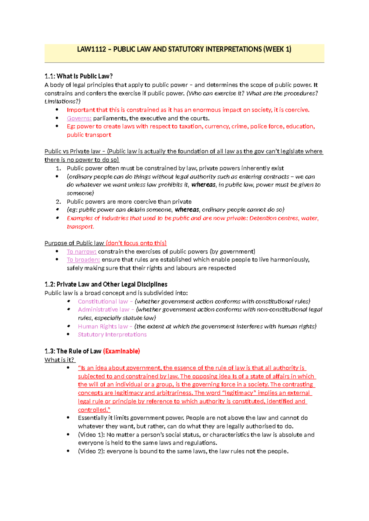 LAW1112 Public Law & Statutory Interpretations Notes (Week 1) - Studocu
