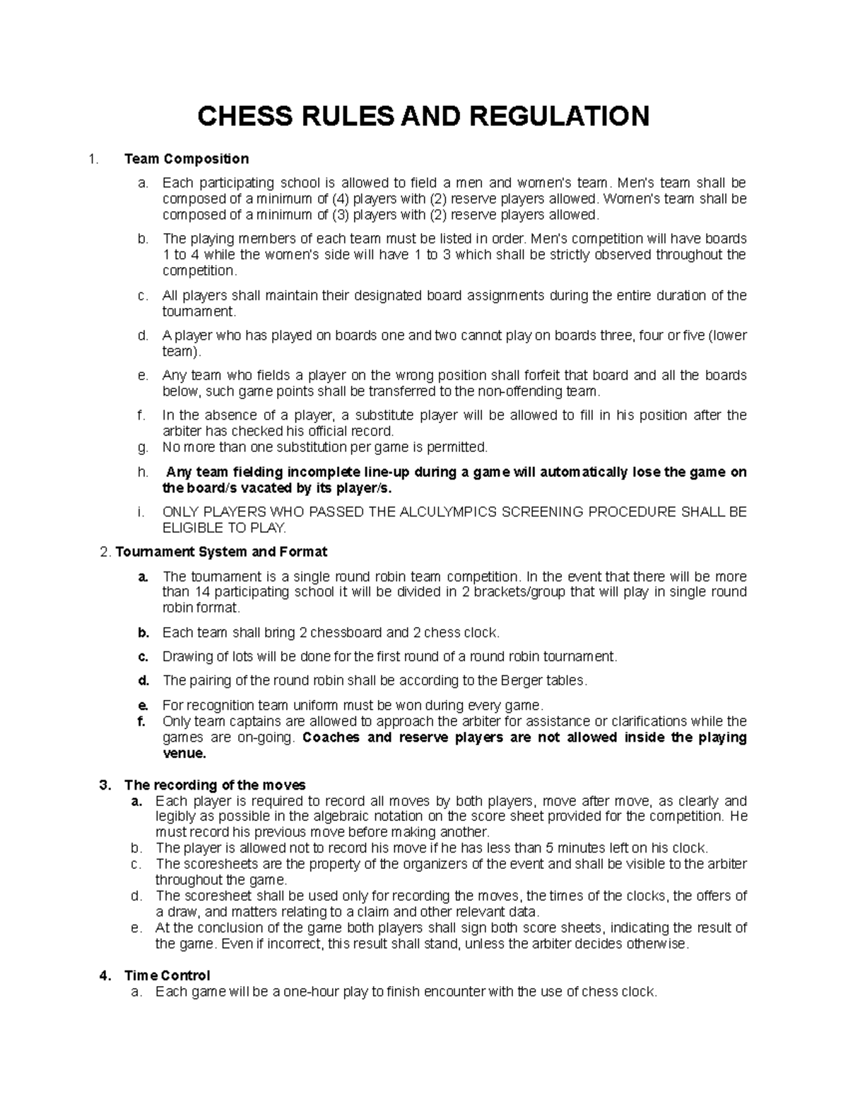 Chess Tournament Rules & Regulations Guide: Team Format & Conduct - Studocu