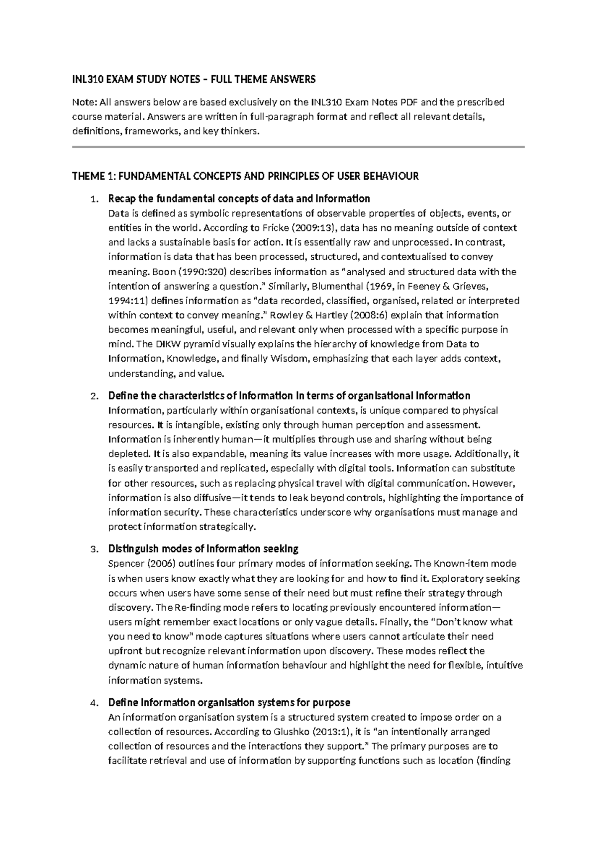 INL310 FINAL EXAM STUDY NOTES: USER BEHAVIOUR & INFORMATION ...