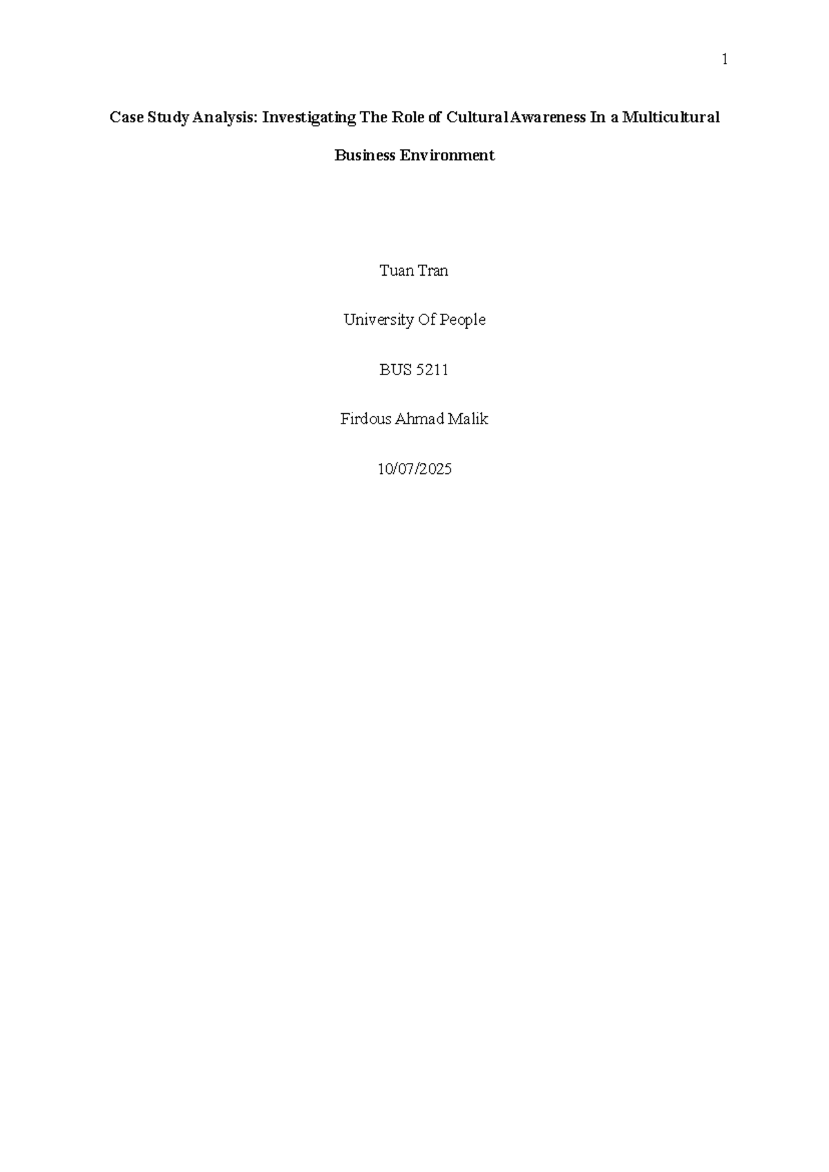 Case Study Analysis: Cultural Awareness in Multicultural Business (BUS ...