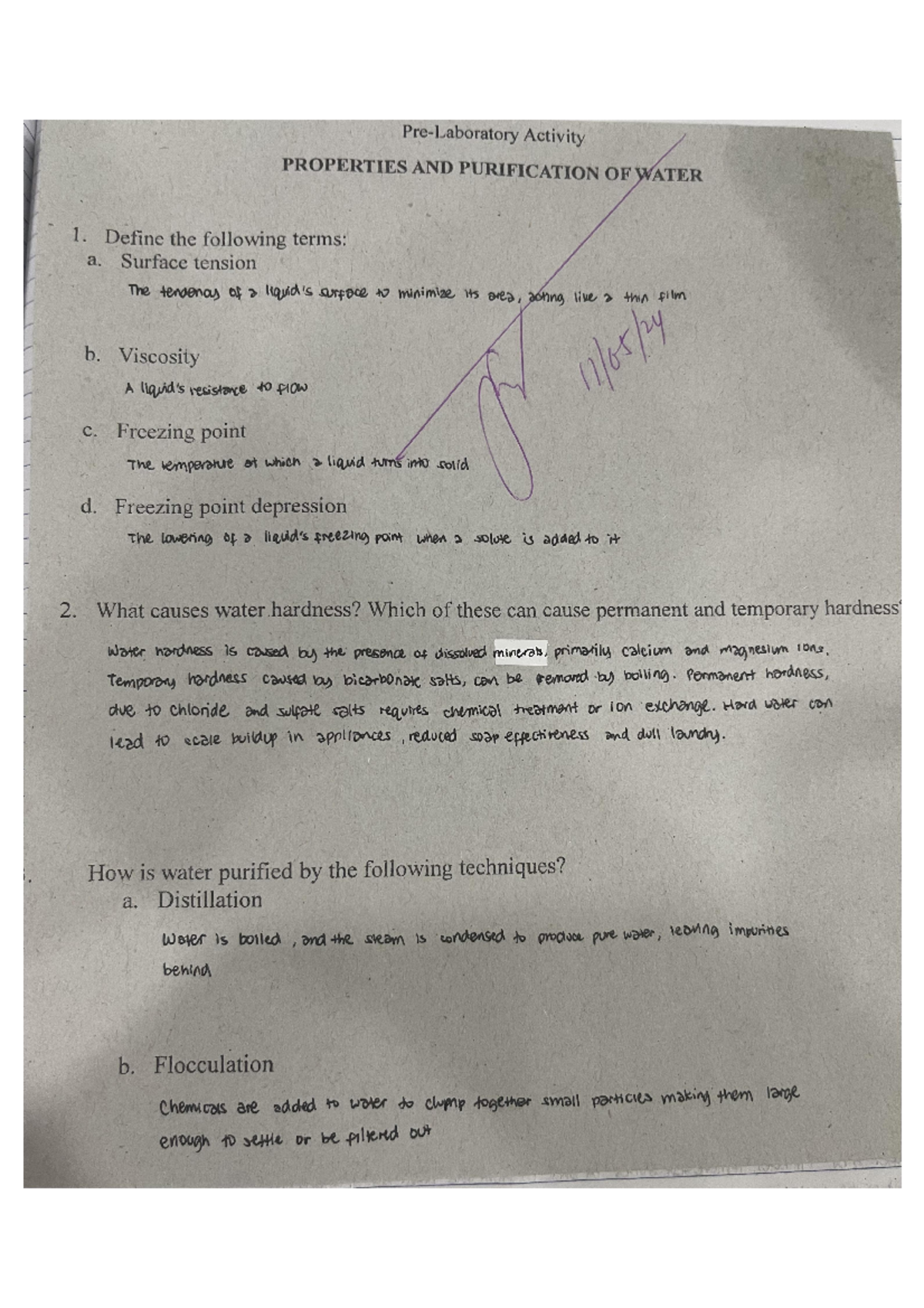Properties and Purification of Water - Pre Lab Activity Notes - Studocu