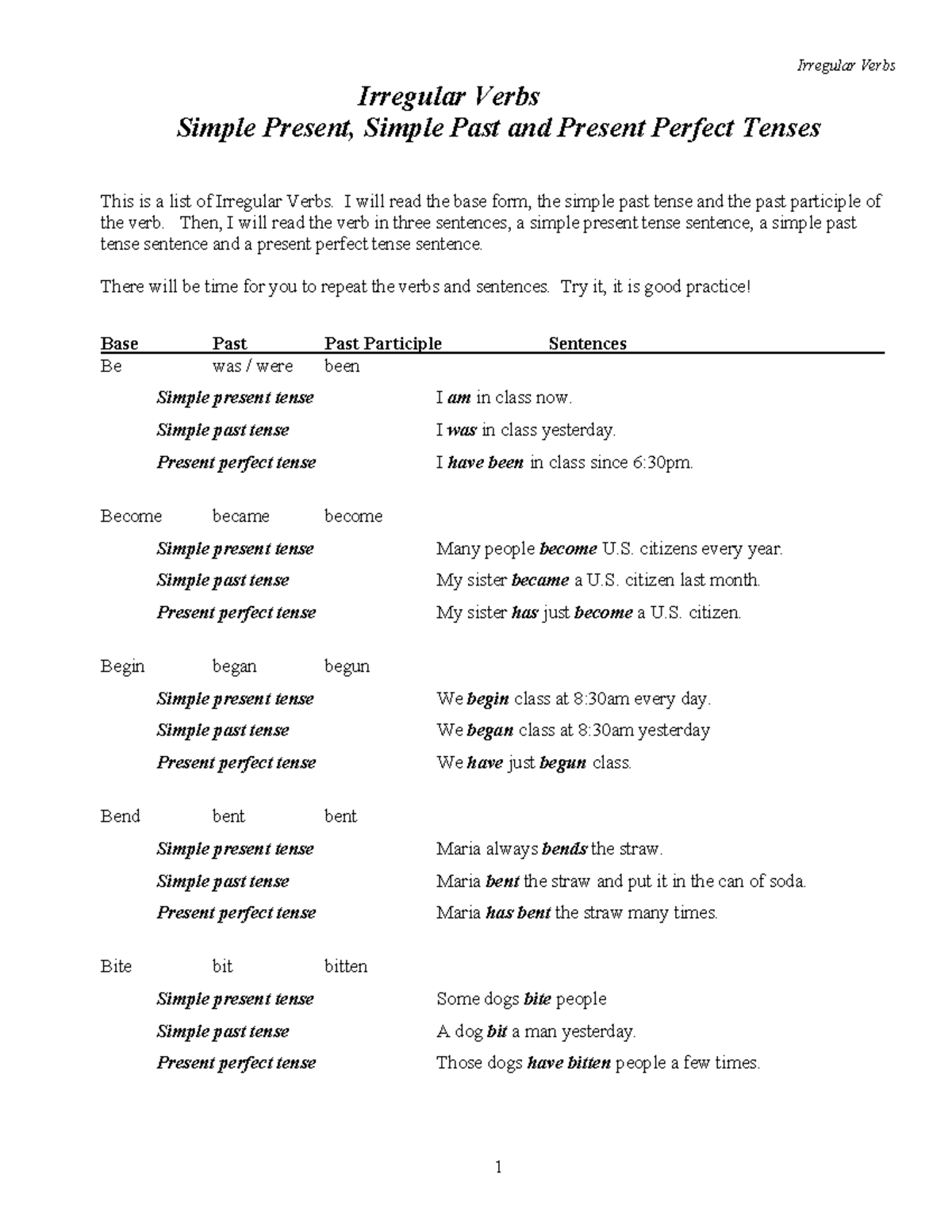 Irregular Verbs: Simple Present, Past, and Perfect Tenses (ESL) - Studocu