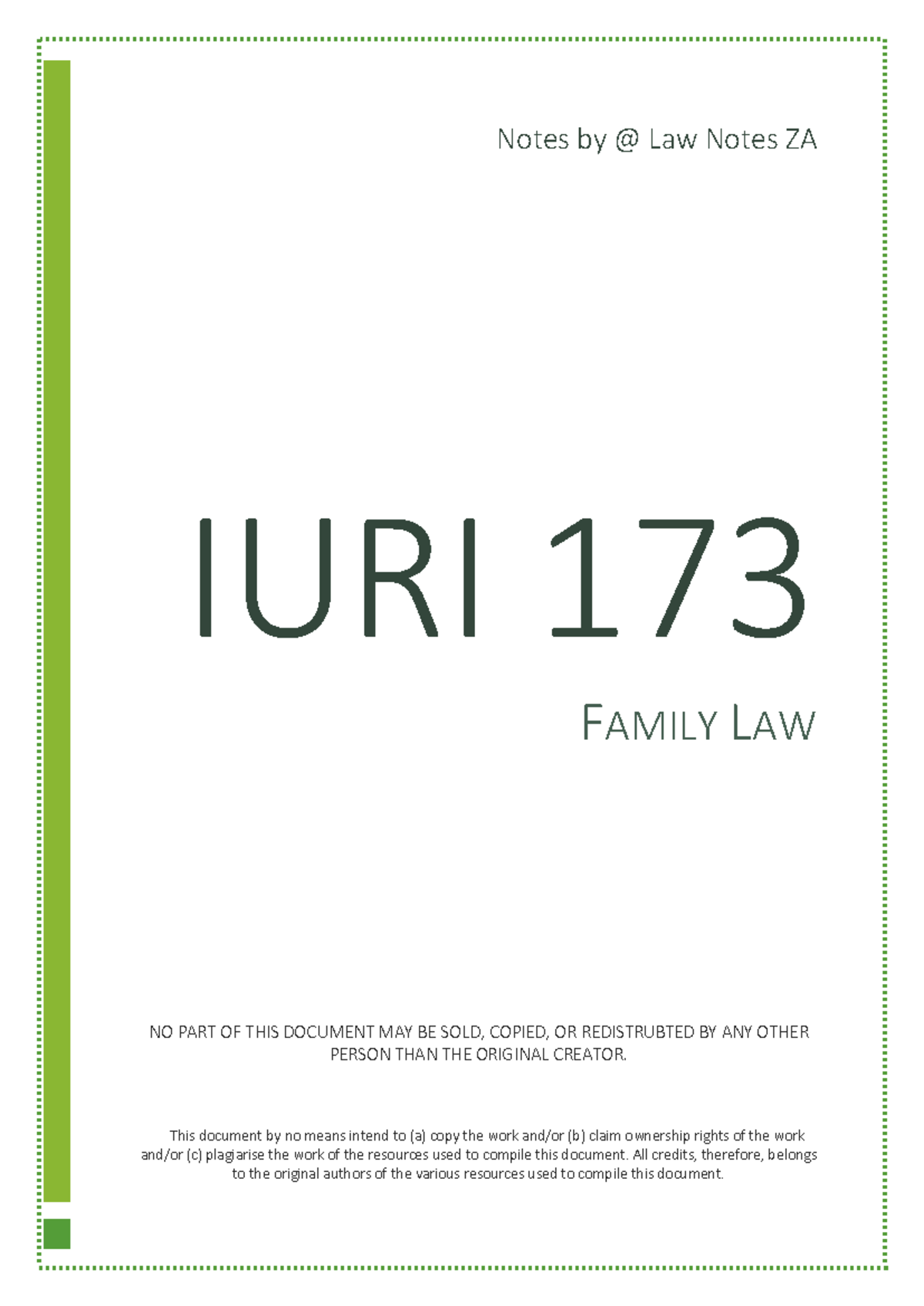 IURI 173 Family Law Notes: Comprehensive Study Units 1-4 - Studocu
